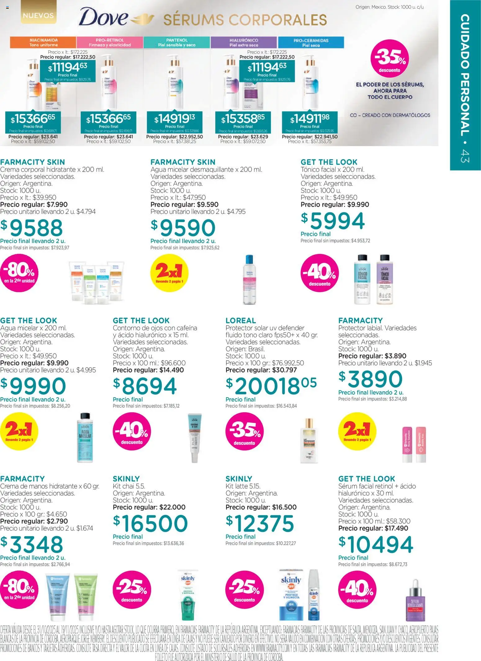 Farmacity catálogo │ válido desde el 30.10.2025 | Página: 43 | Productos: Serum, Protector solar, Crema de manos, Agua