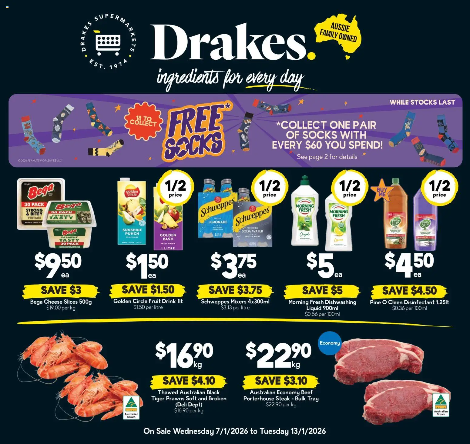 Drakes catalogue - valid from 07.01.2026 | Page: 1 | Products: Cheese, Peanuts, Steak, Socks