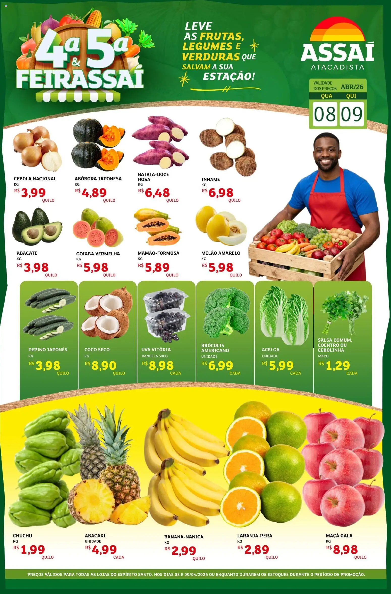 Assaí Atacadista Folheto - válido de 08.04.2026 | Página: 1 | Produtos: Abóbora, Cebola, Bandeja, Brócolis