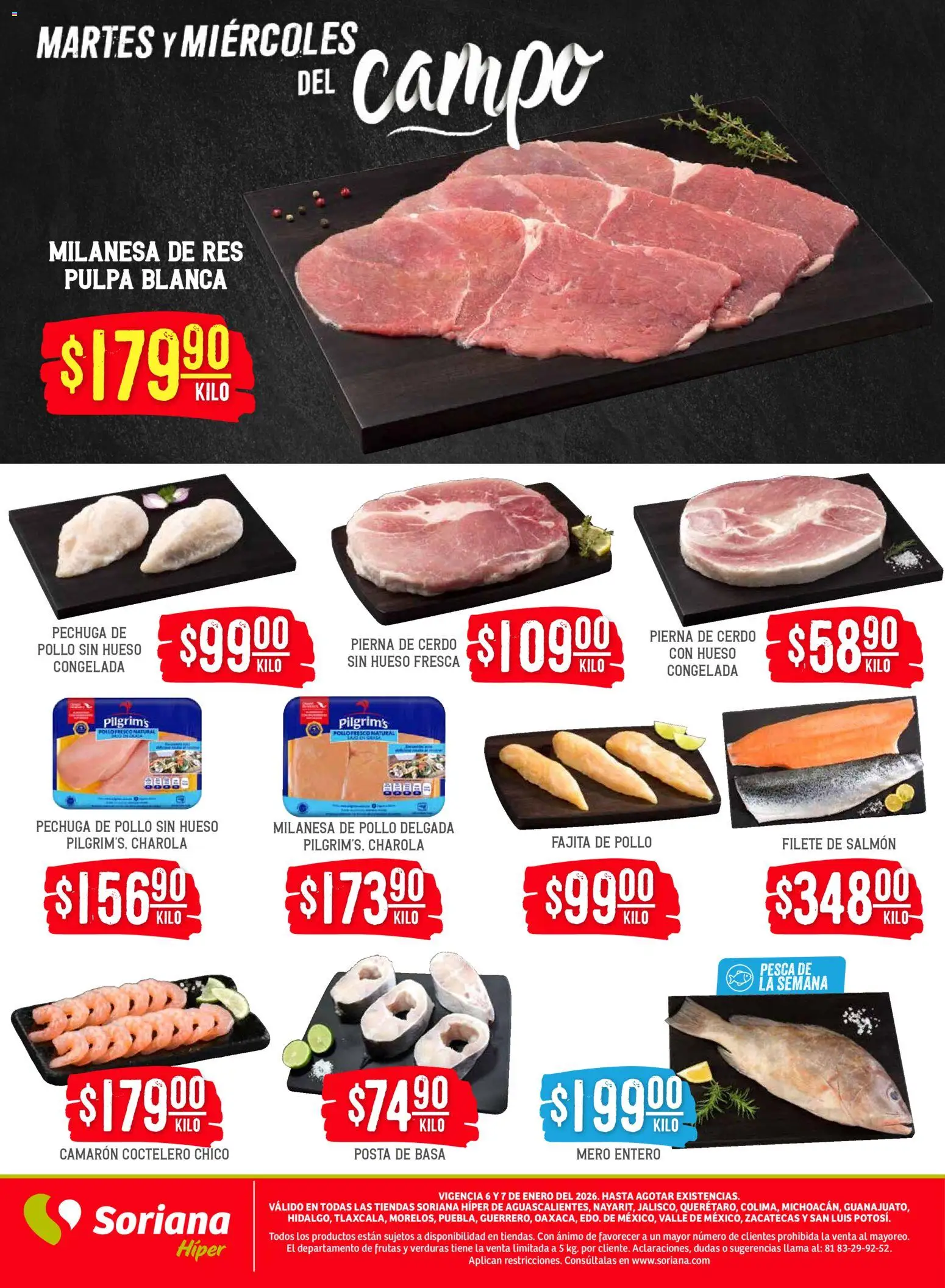 Nuevas ofertas de Soriana válidas en toda la República Mexicana desde el 06.01.2026. ¡Encuentra las mejores ofertas en Soriana - Martes y Miércoles del Campo Híper: Ags, Nay, Jal, Qro, Col, Mich, Gto, Hgo, Tlax, Mor, Pue, Gro, Oax, Edo. de Mex, Valle de M! | Página: 4 | Productos: Pollo, Milanesa, Cerdo, Res