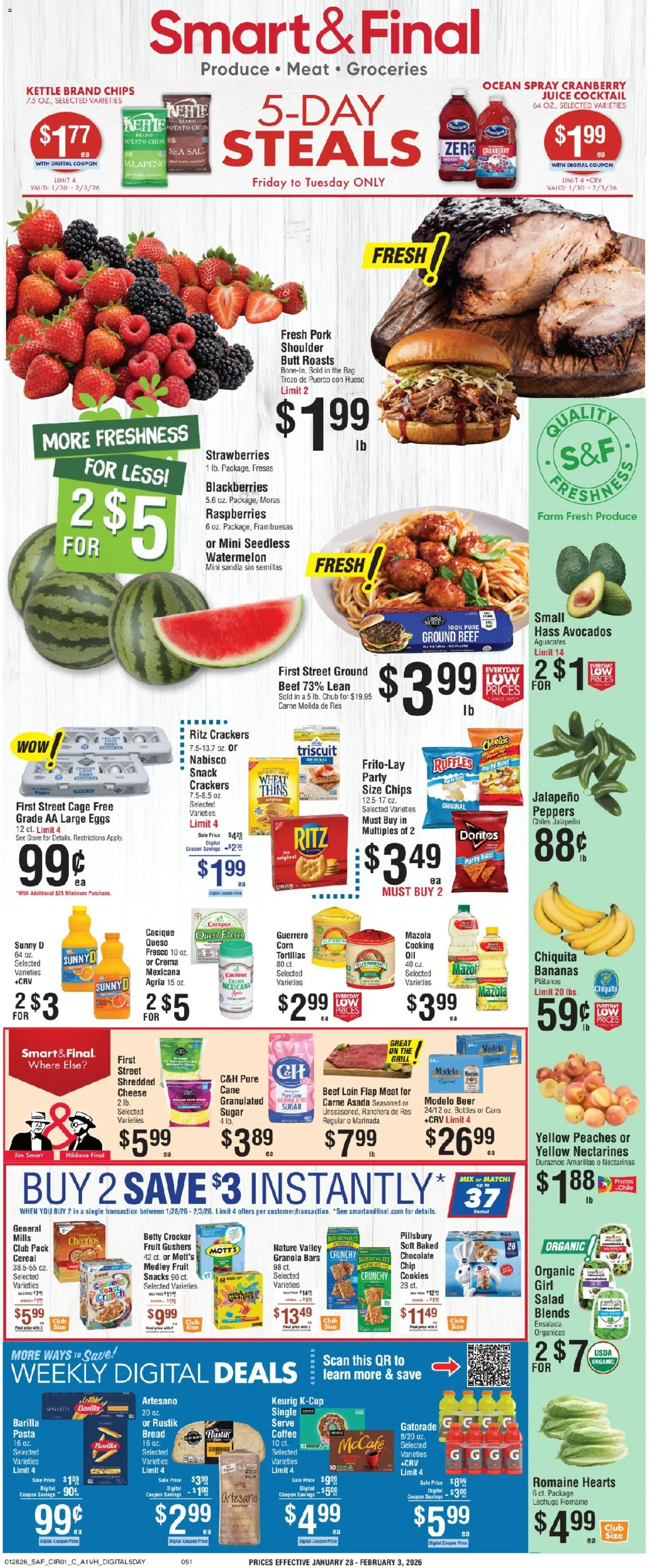Smart & Final Weekly Ad - valid from 30.01.2026 | Page: 1 | Products: Eggs, Cookies, Sugar, Watermelon