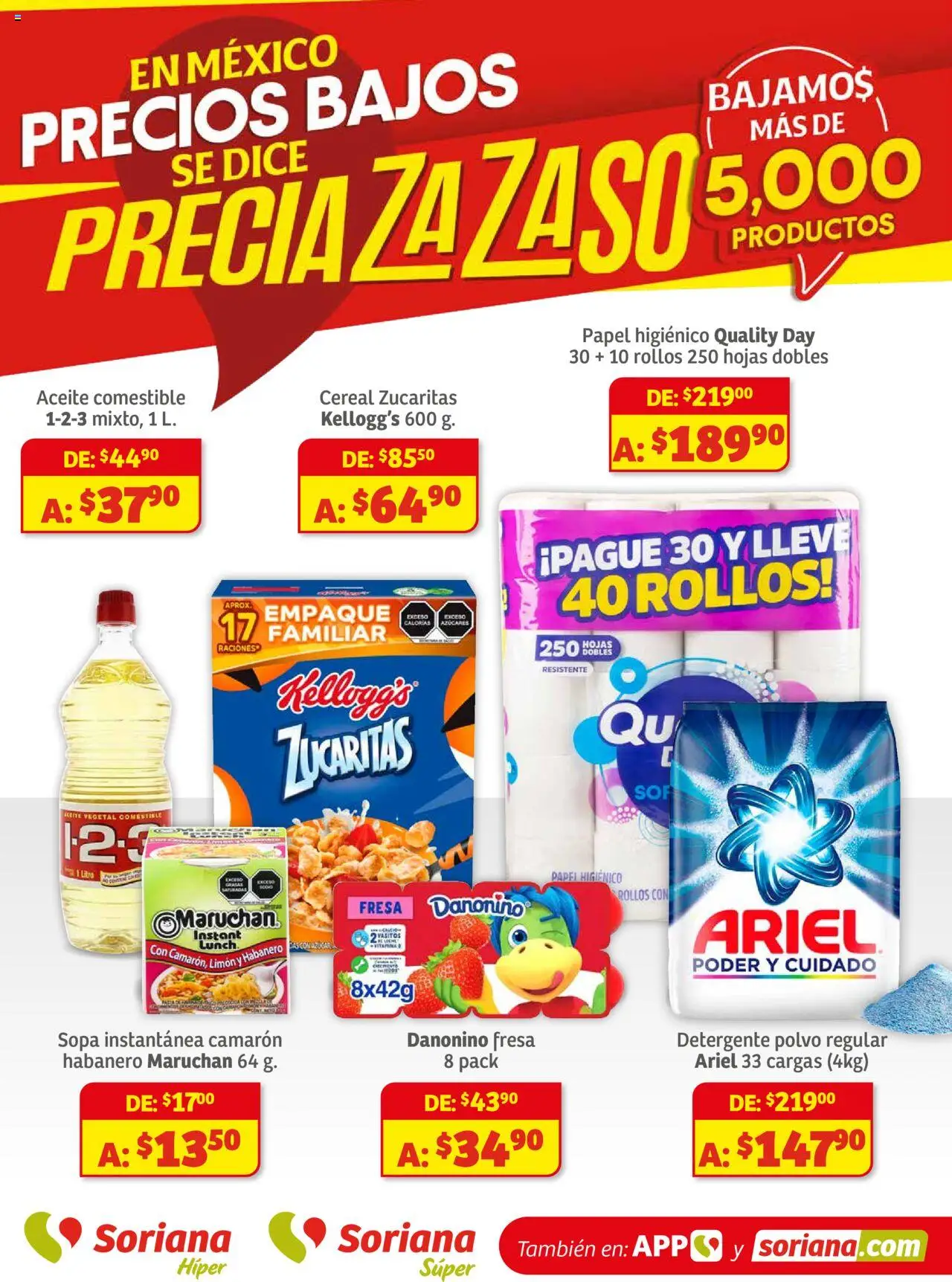 Nuevas ofertas de Soriana válidas en toda la República Mexicana desde el 01.08.2025. ¡Encuentra las mejores ofertas en Soriana - Preciazazaso Súper Frontera Chia, Q. Roo! | Página: 1 | Productos: Fresa, Sopa, Aceite, Papel higiénico