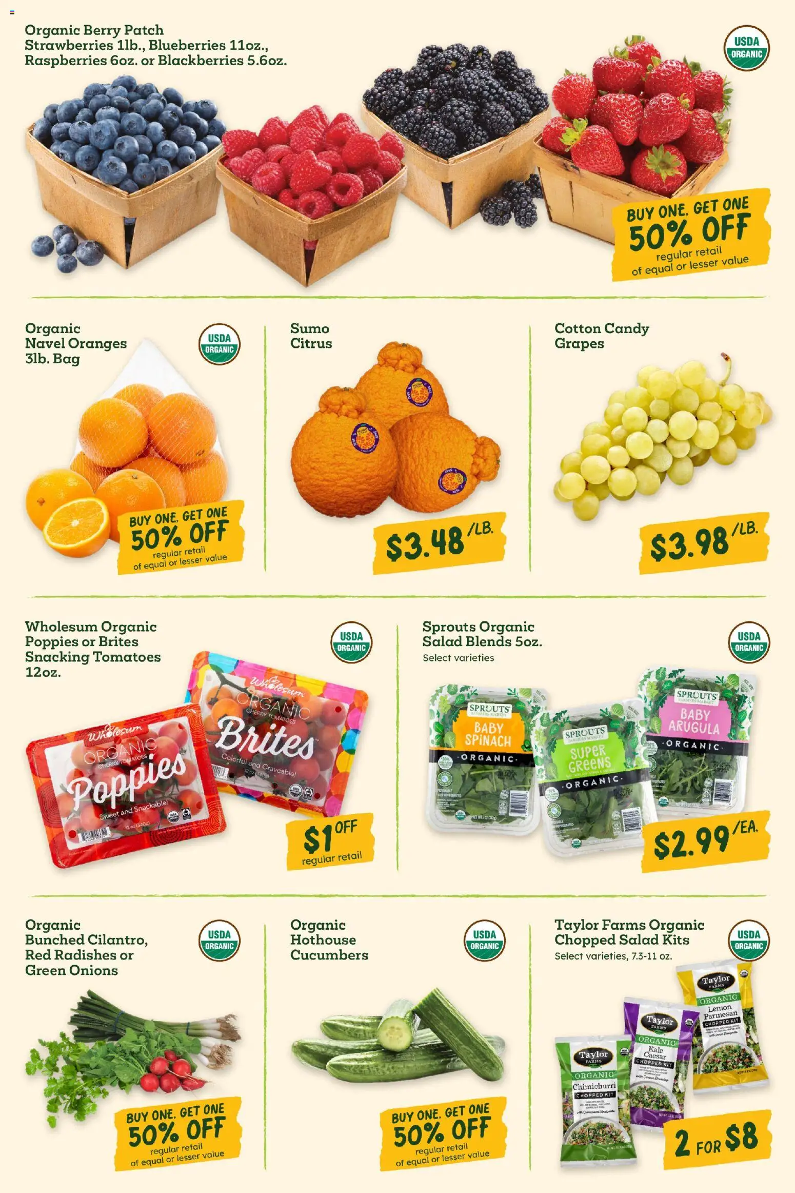 Sprouts Weekly Ad - valid from 08.04.2026 | Page: 8 | Products: Tomatoes, Cucumbers, Salad, Grapes