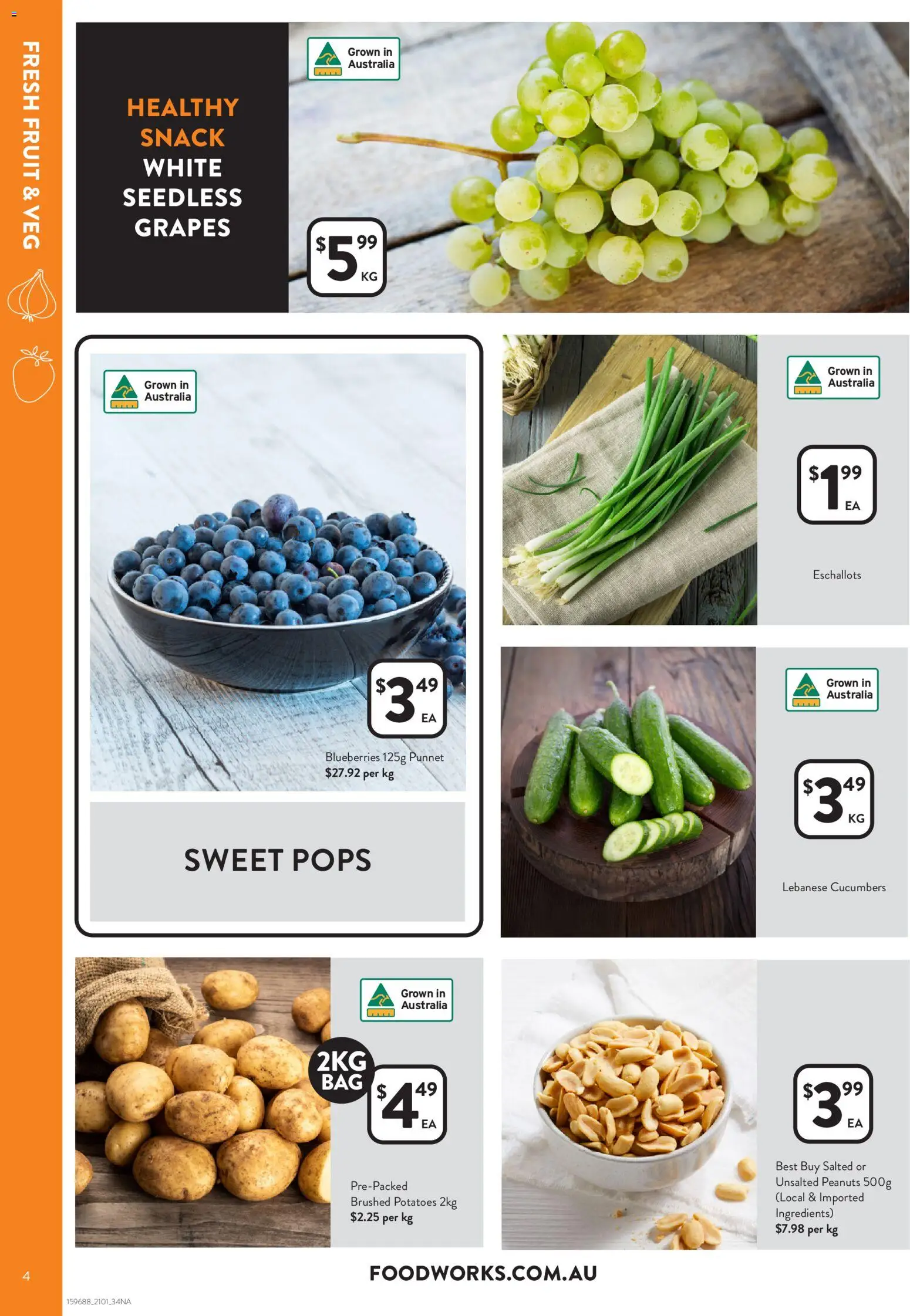Foodworks catalogue - valid from 14.01.2026 | Page: 4 | Products: Peanuts, Cucumbers, Potatoes, Blueberries