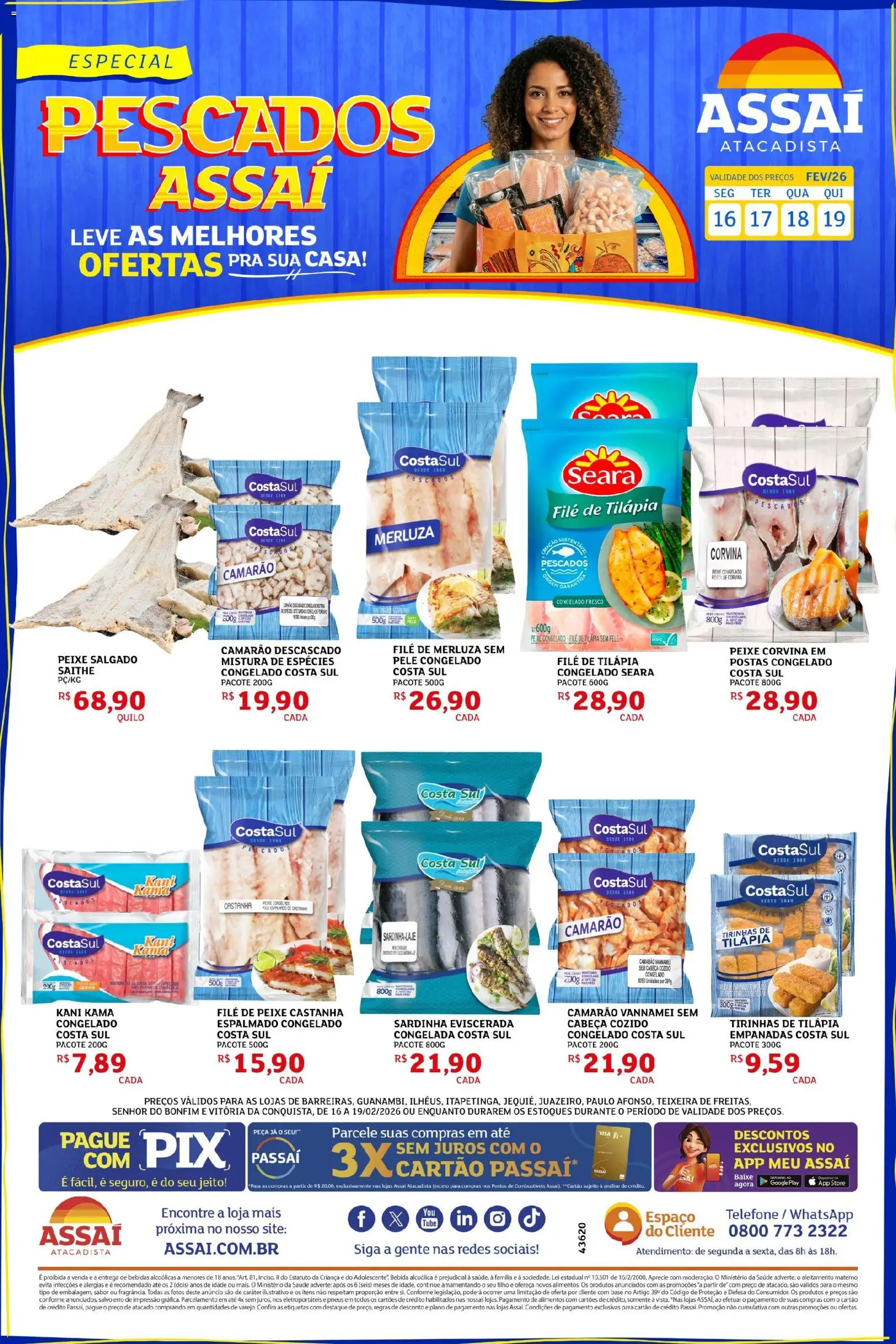 Assaí Atacadista Folheto - válido de 16.02.2026 | Página: 1 | Produtos: Tilápia, Base, Bebida, Telefone