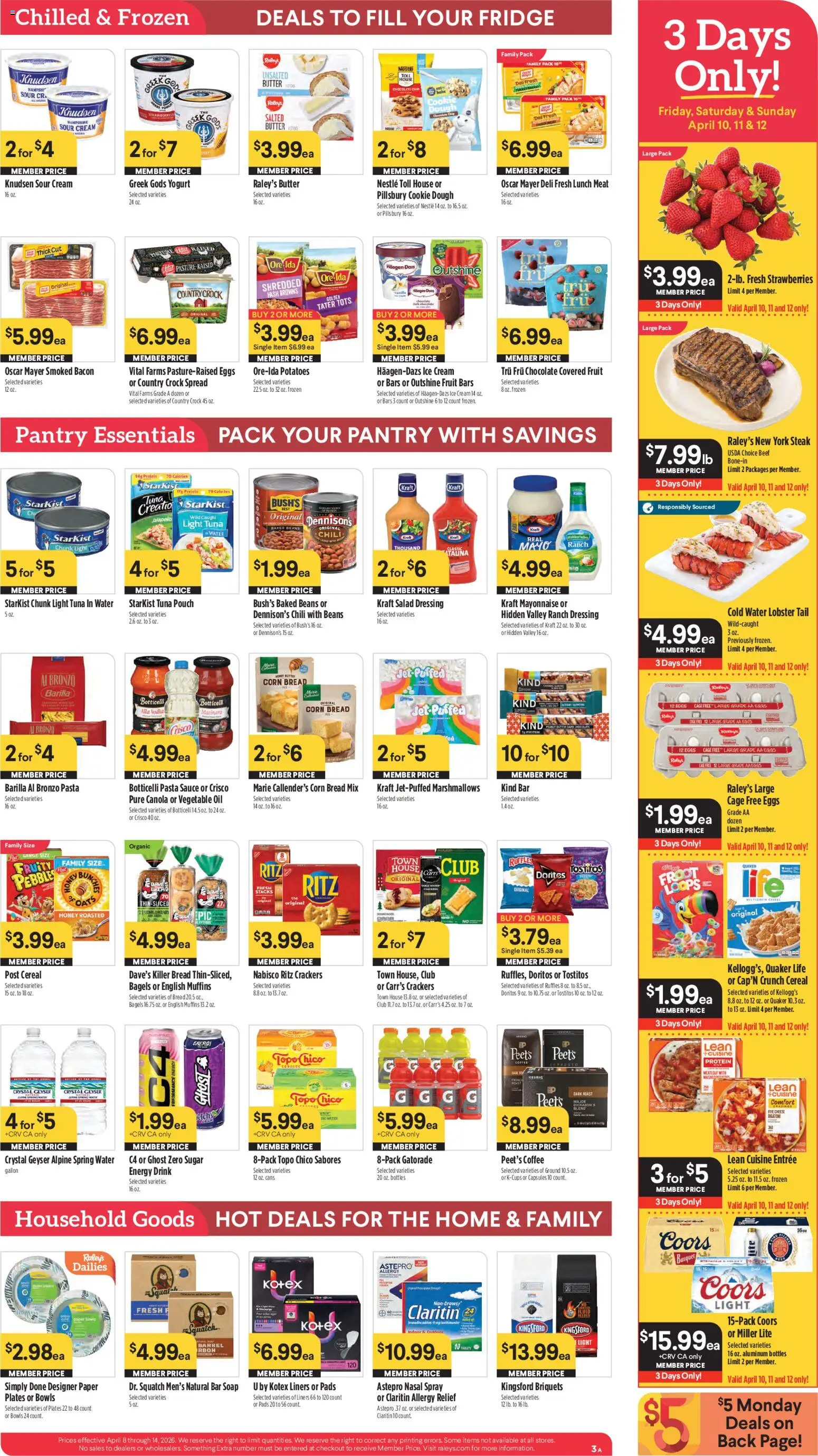 Raley's Weekly Ad - valid from 08.04.2026 | Page: 3 | Products: Eggs, Pads, Vodka, Salad