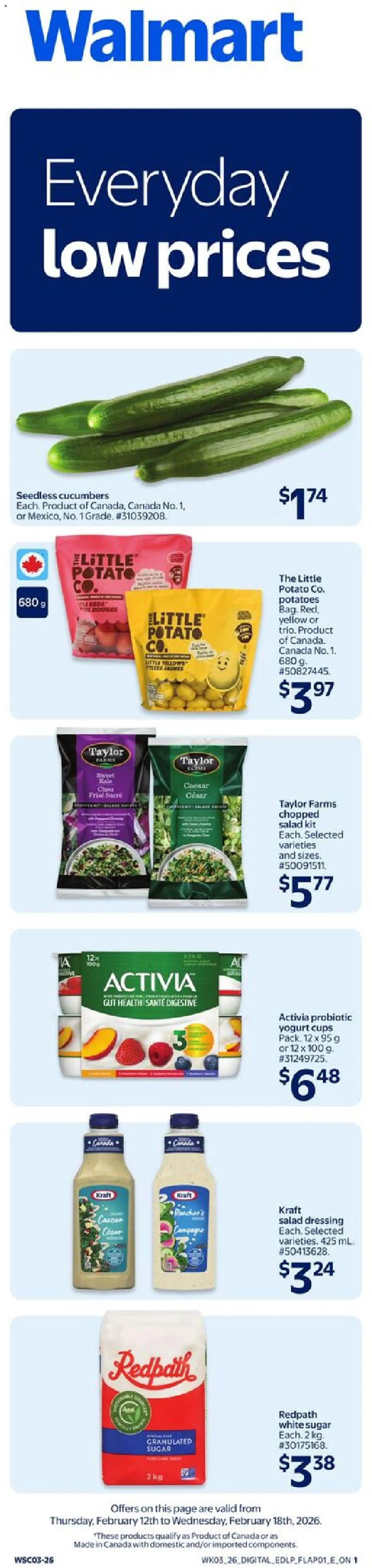 Walmart flyer valid from 12.02.2026 | Page: 2 | Products: Cucumbers, Salad, Potatoes, Yogurt