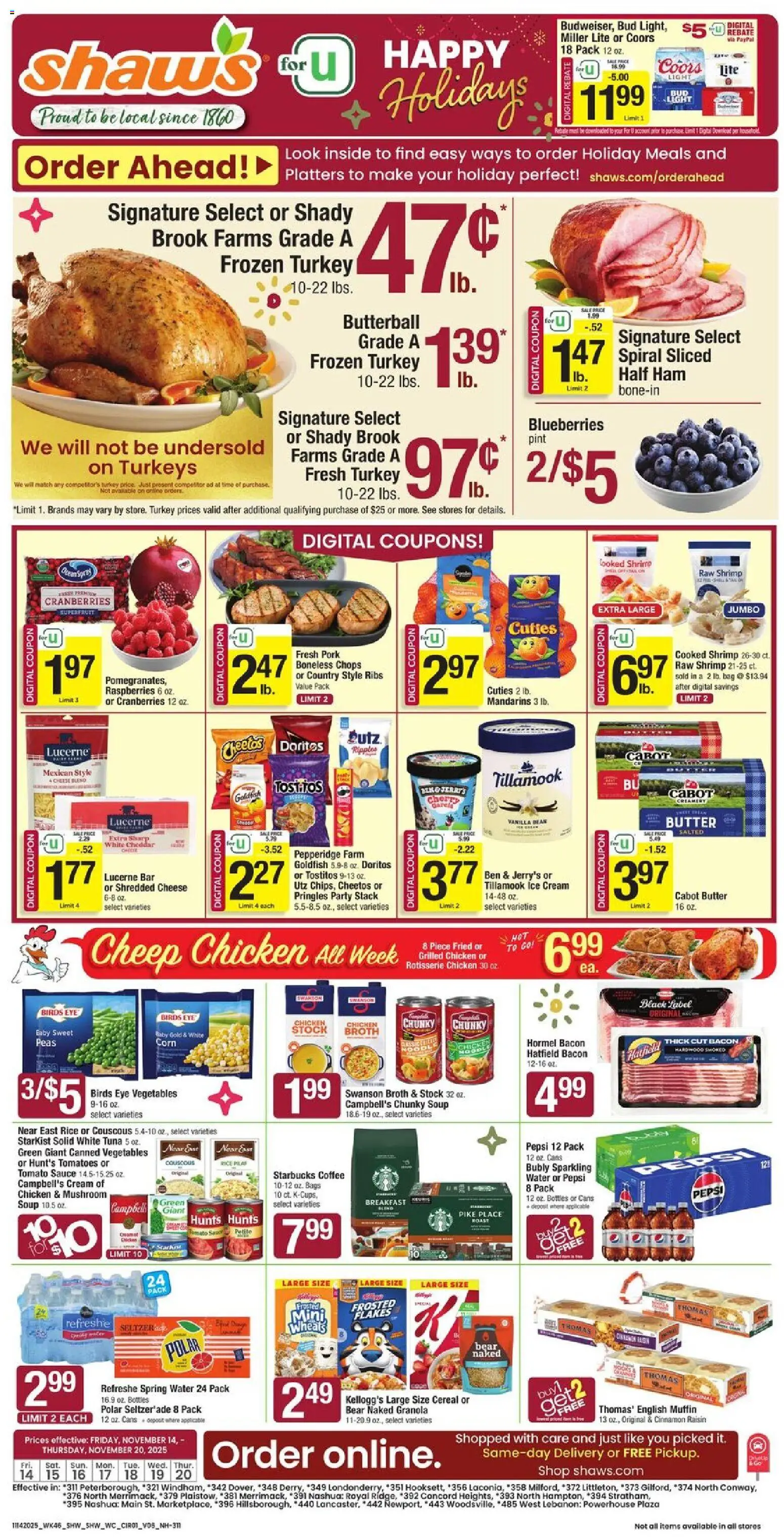 Shaw's Weekly Ad - NH - valid from 14.11.2025 | Page: 1 | Products: Pork, Ice cream, Vegetables, Blueberries