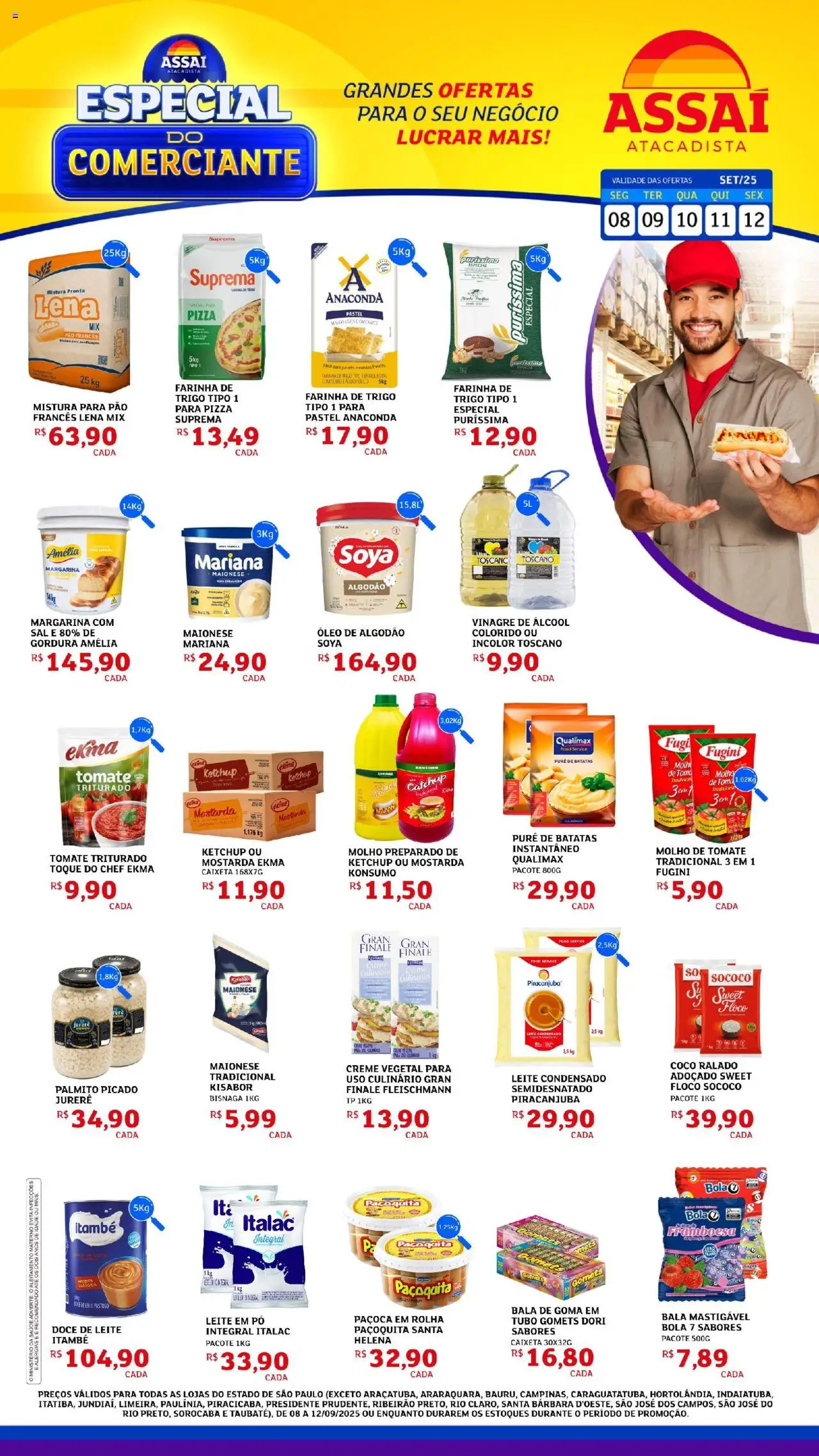 Assaí Atacadista Folheto - válido de 08.09.2025 | Página: 1 | Produtos: Palmito, Pizza, Pão francês, Leite em pó