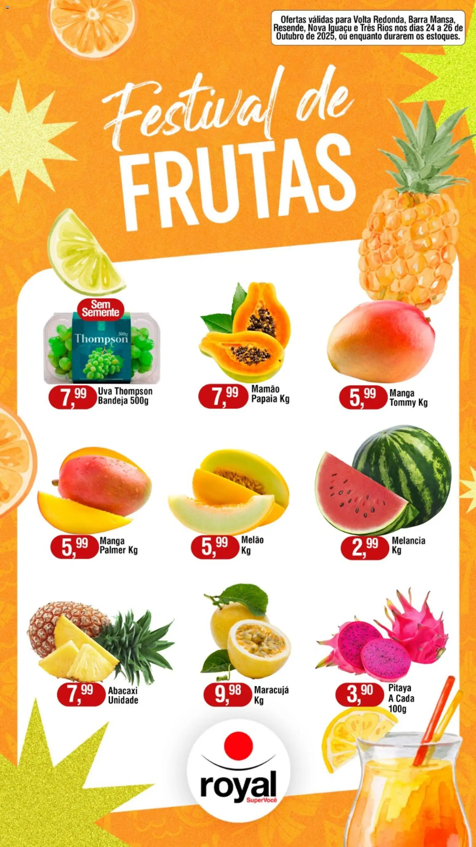 Royal Supermercados Folheto - válido de 24.10.2025 | Página: 1 | Produtos: Maracujá, Melancia, Bandeja, Mamão