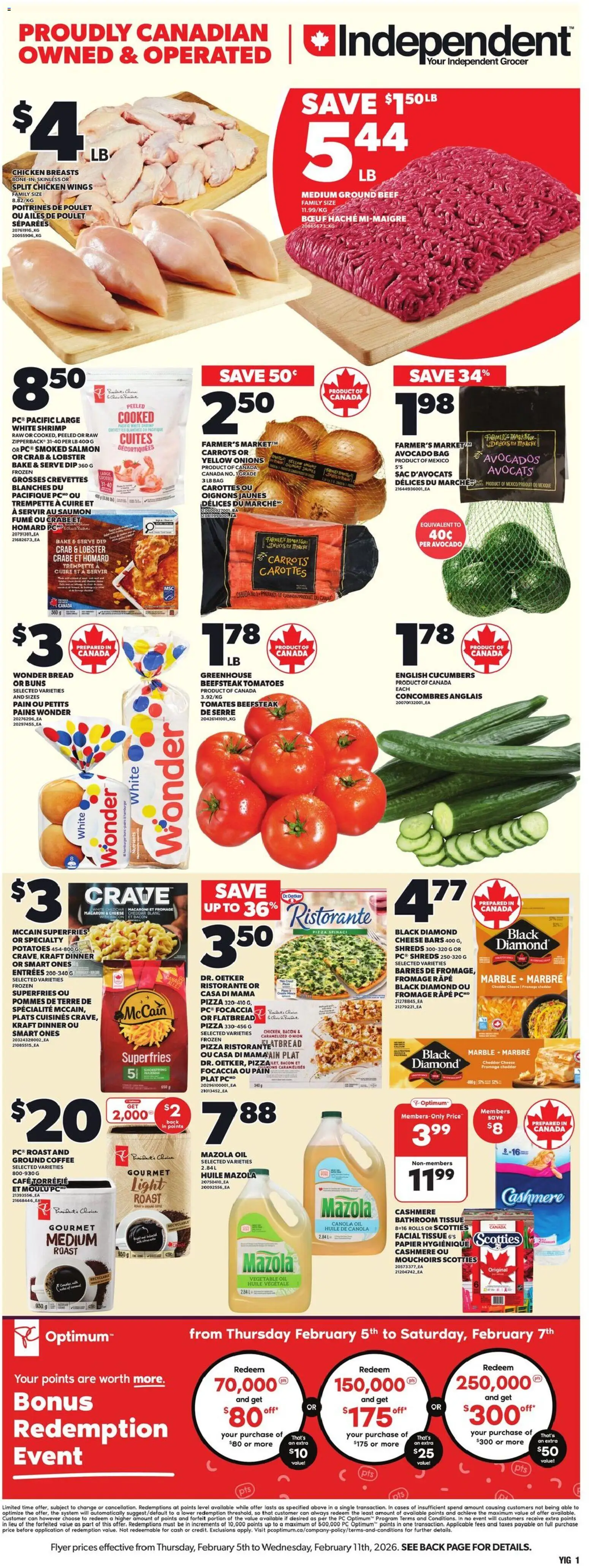 Independent Grocer flyer valid from 05.02.2026 | Page: 3 | Products: Chicken wings, Potatoes, Oil, Tomatoes