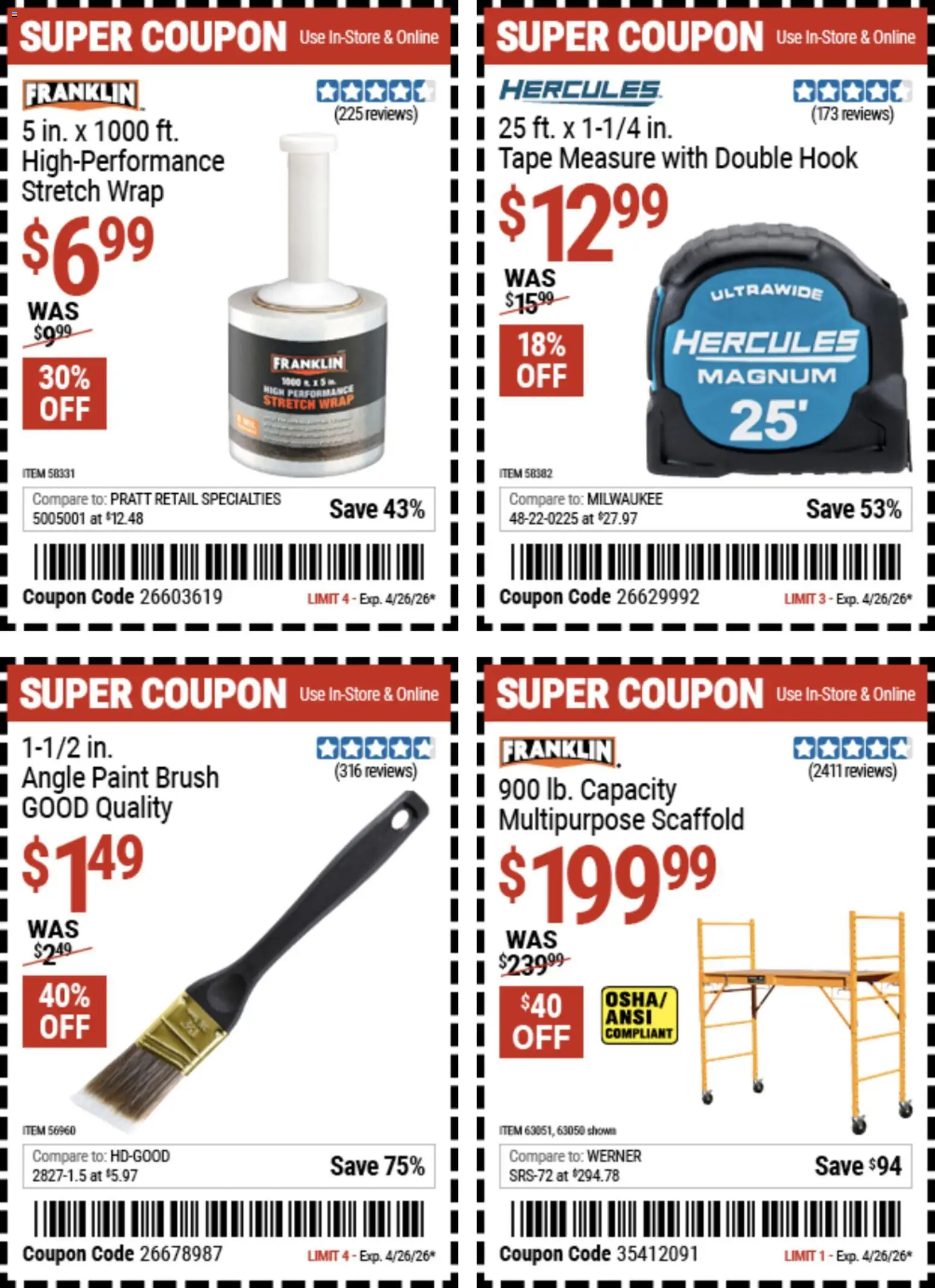 Harbor Freight Weekly Ad - valid from 14.04.2026 | Page: 13 | Products: Hook, Scaffold, Brush, Tape Measure