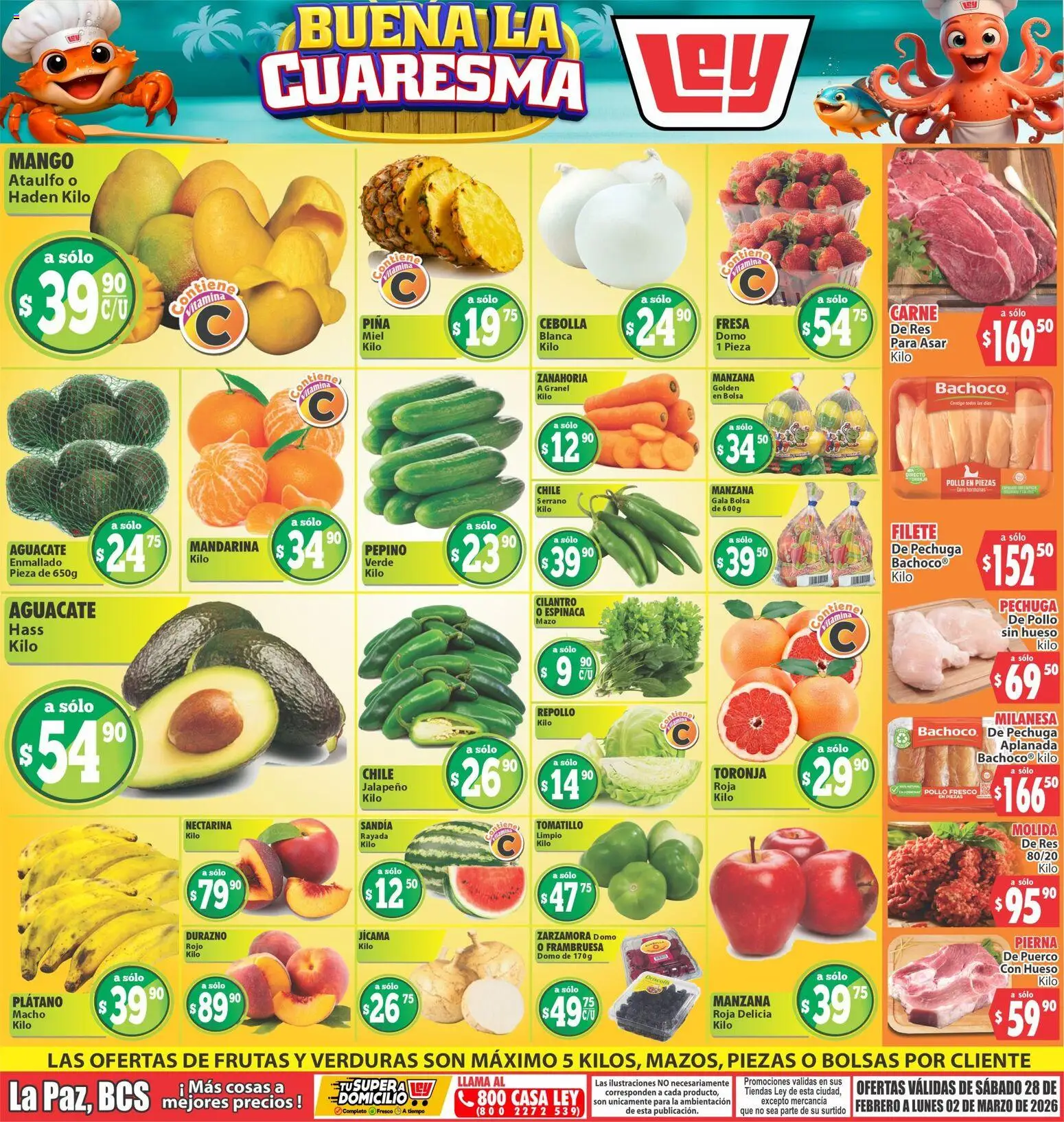 Nuevas ofertas de Casa Ley válidas en toda la República Mexicana desde el 28.02.2026. ¡Encuentra las mejores ofertas en Casa Ley folleto Las ofertas de frutas y verdunas La Paz, BCS! | Página: 1 | Productos: Cebolla, Fresa, Plátano, Res