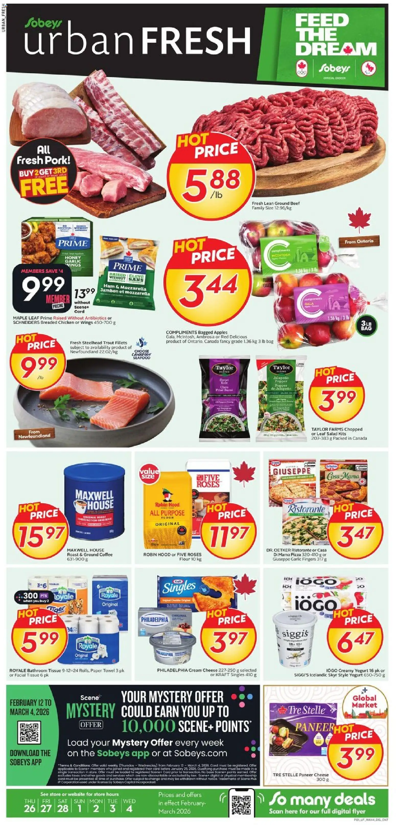 Sobeys flyer valid from 26.02.2026 | Page: 1 | Products: Beef, Bag, Cheese, Coffee