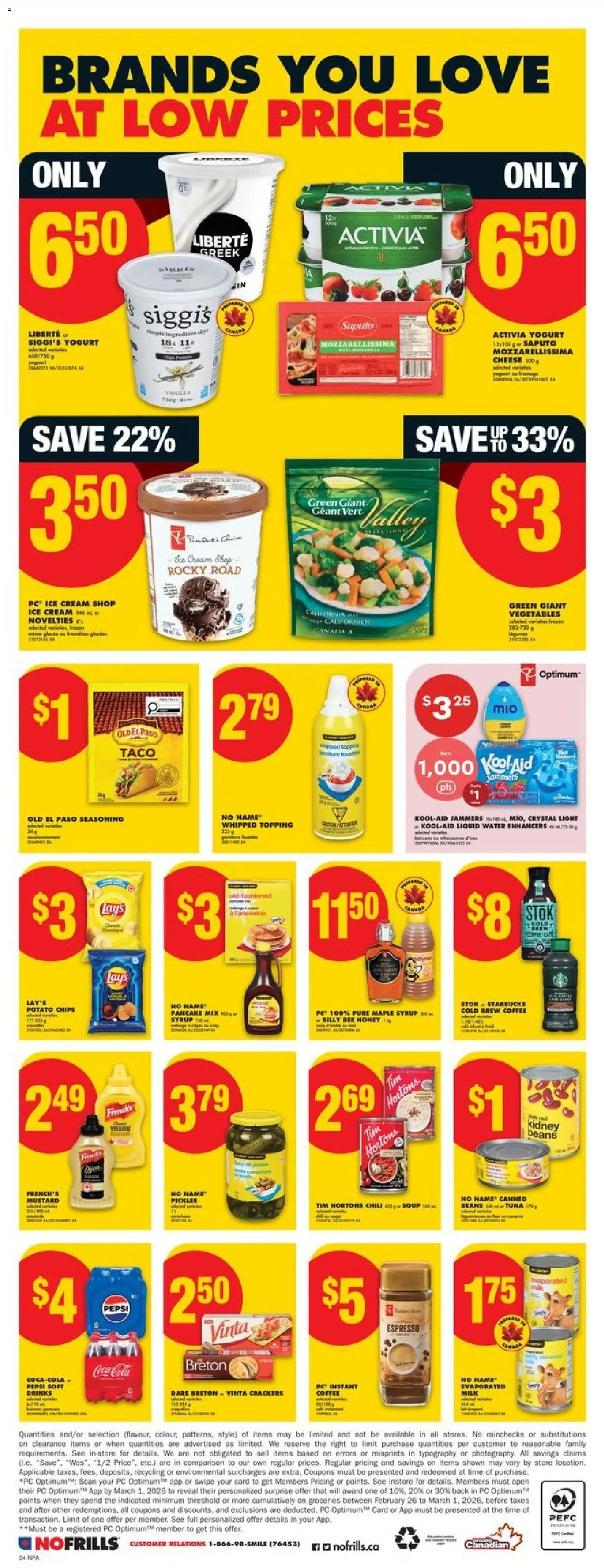 No Frills flyer valid from 26.02.2026 | Page: 4 | Products: Chips, Milk, Cheese, Yogurt