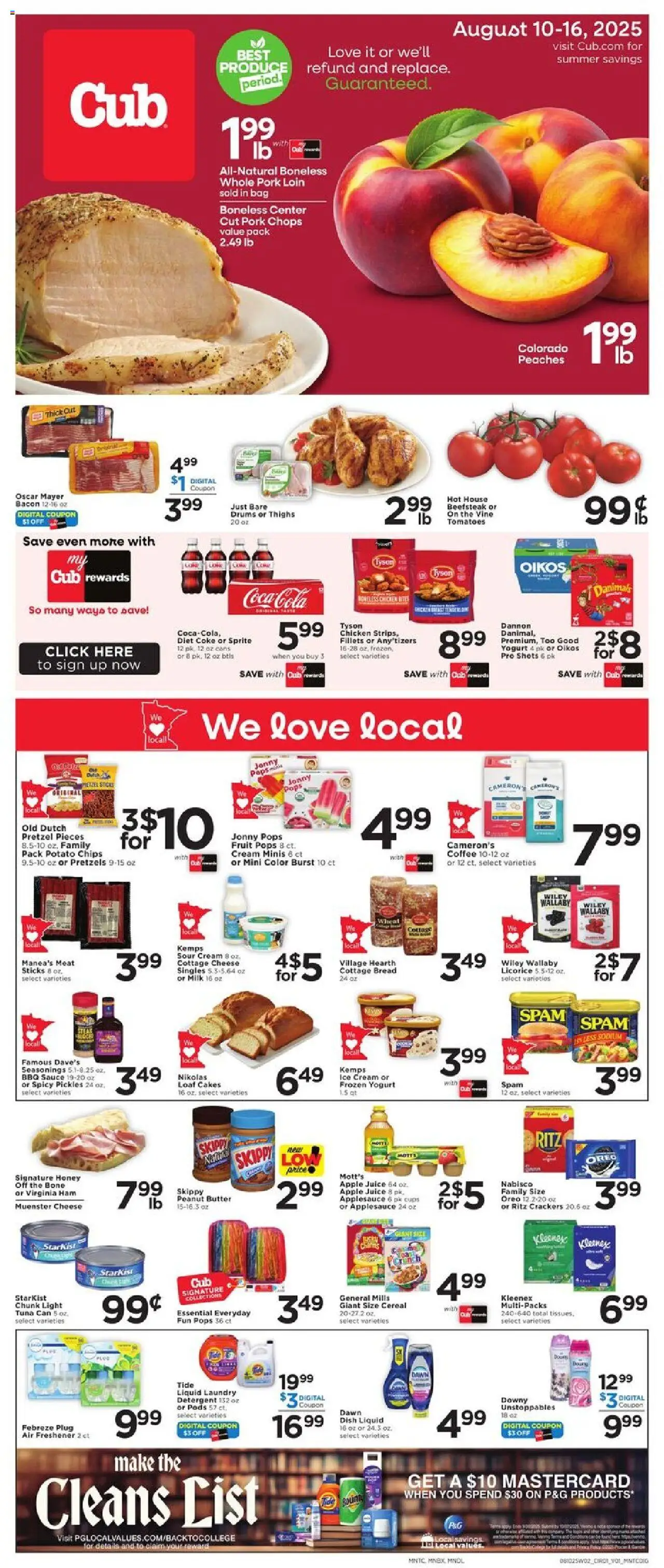 Cub Foods Weekly Savings - MN - valid from 10.08.2025 | Page: 1 | Products: Pork, Sour cream, Detergent, Sauce