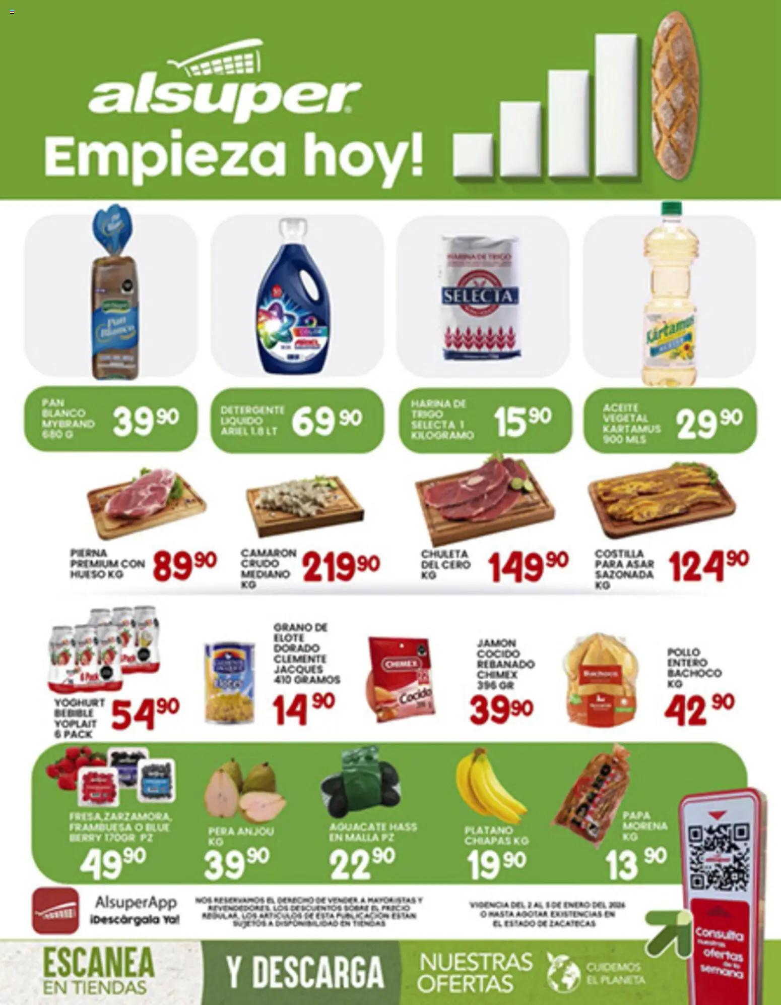 Nuevas ofertas de Alsuper válidas en toda la República Mexicana desde el 02.01.2026. ¡Encuentra las mejores ofertas en Alsuper folleto Zacatecas! | Página: 1 | Productos: Detergente, Jamón cocido, Harina, Sobre