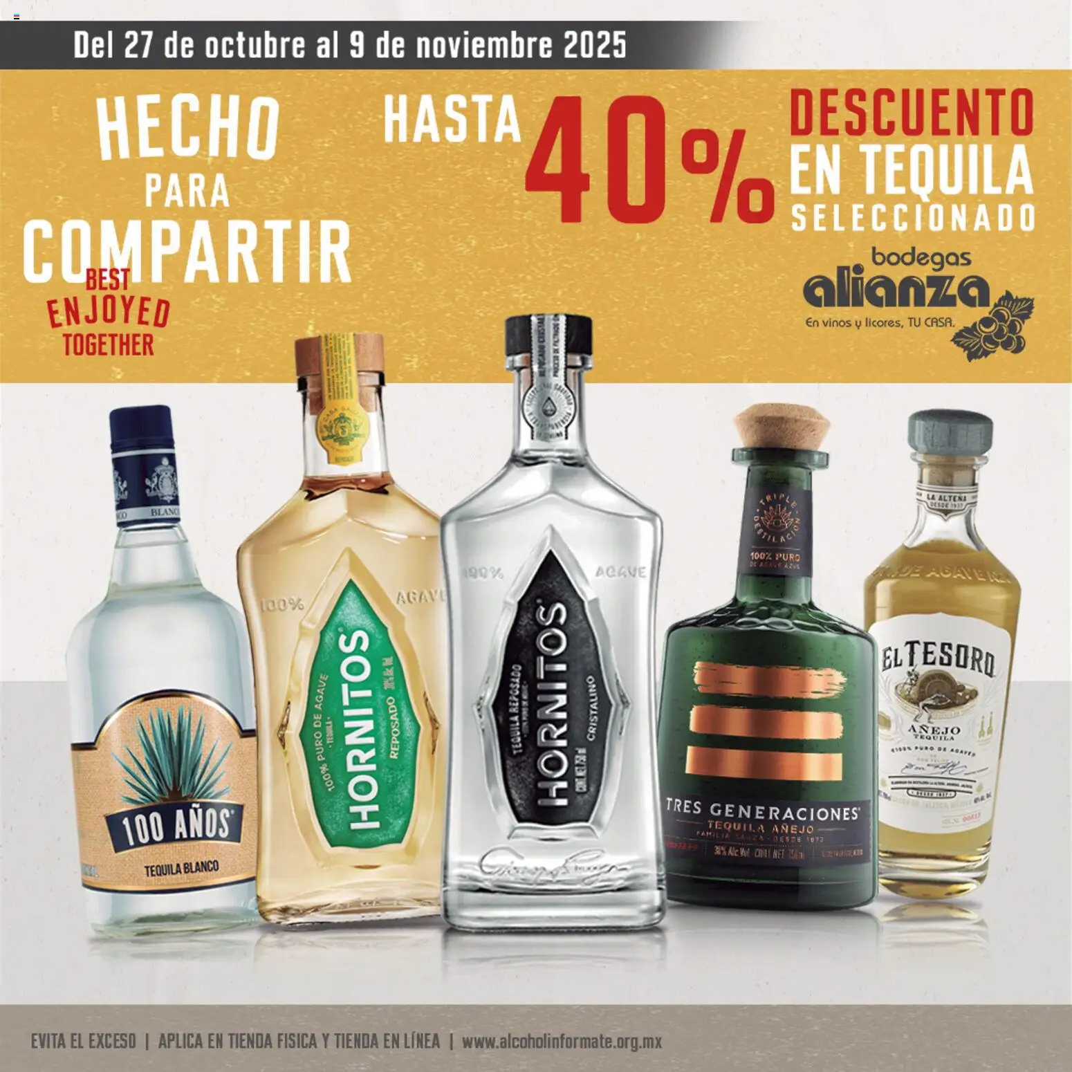 Nuevas ofertas de Bodegas Alianza válidas en toda la República Mexicana desde el 27.10.2025. ¡Encuentra las mejores ofertas en Bodegas Alianza catálogo Descuento 40% En Tequila! | Página: 1 | Productos: Tequila