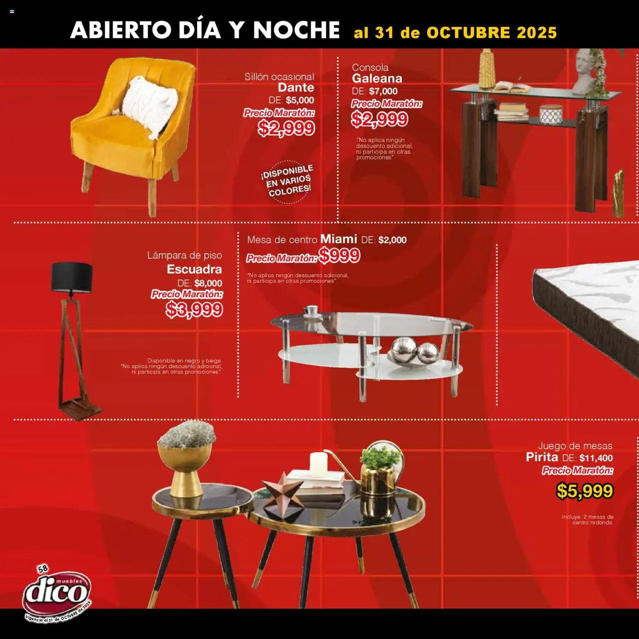 Nuevas ofertas de Muebles Dico válidas en toda la República Mexicana desde el 01.01.2025. ¡Encuentra las mejores ofertas en Muebles Dico - Catálogo Venta Maratónica Pacifico! | Página: 58 | Productos: Sillón, Mesa de centro, Mesa, Lámpara