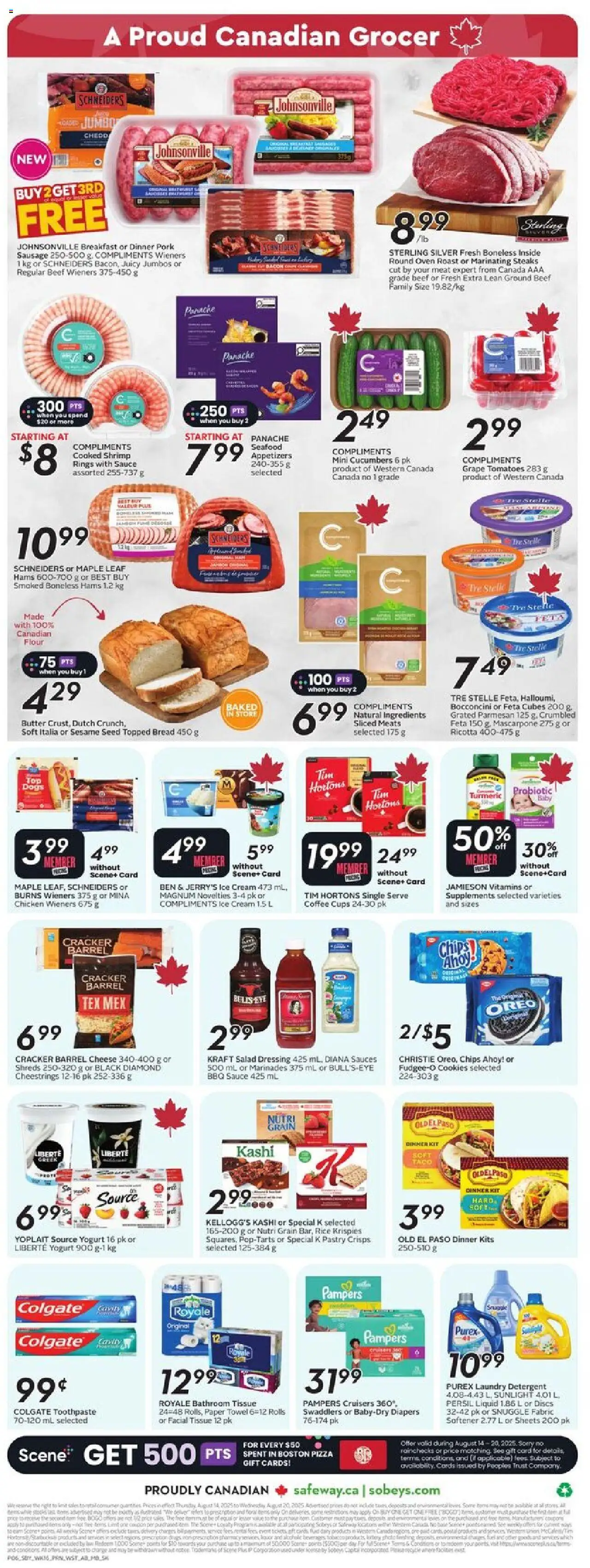 Sobeys flyer valid from 14.08.2025 | Page: 4 | Products: Chips, Cheese, Pizza, Pork