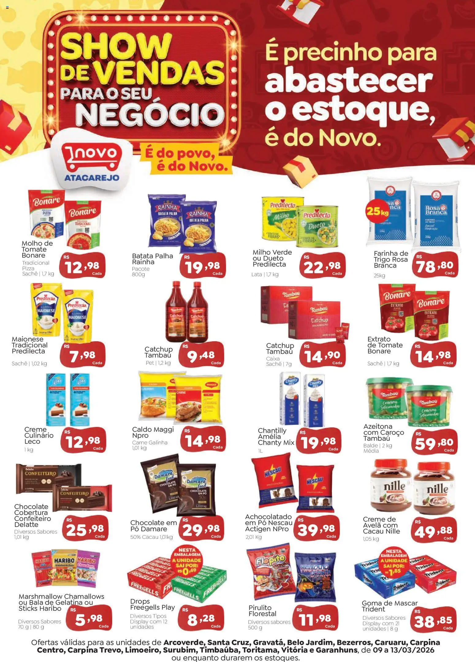 Novo Atacarejo Folheto - válido de 09.03.2026 | Página: 1 | Produtos: Pizza, Carne, Batata, Balde