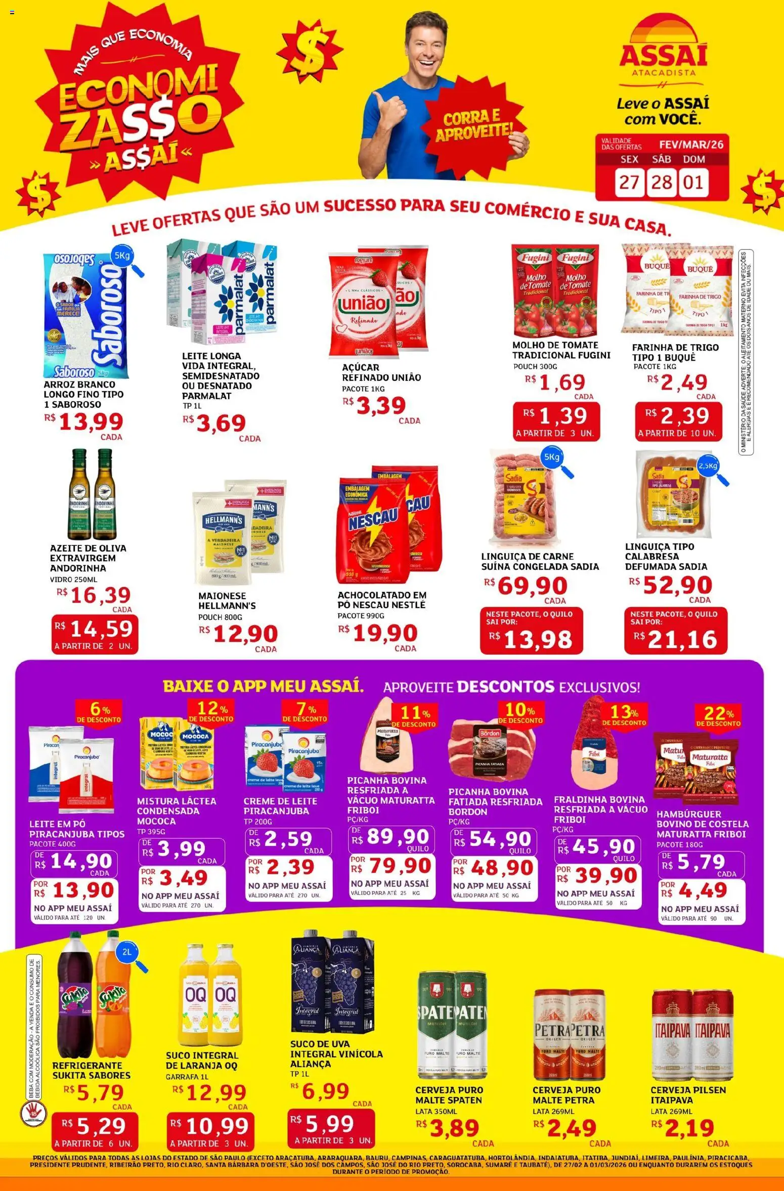 Assaí Atacadista Folheto - válido de 27.02.2026 | Página: 1 | Produtos: Achocolatado, Farinha de trigo, Creme de leite, Azeite