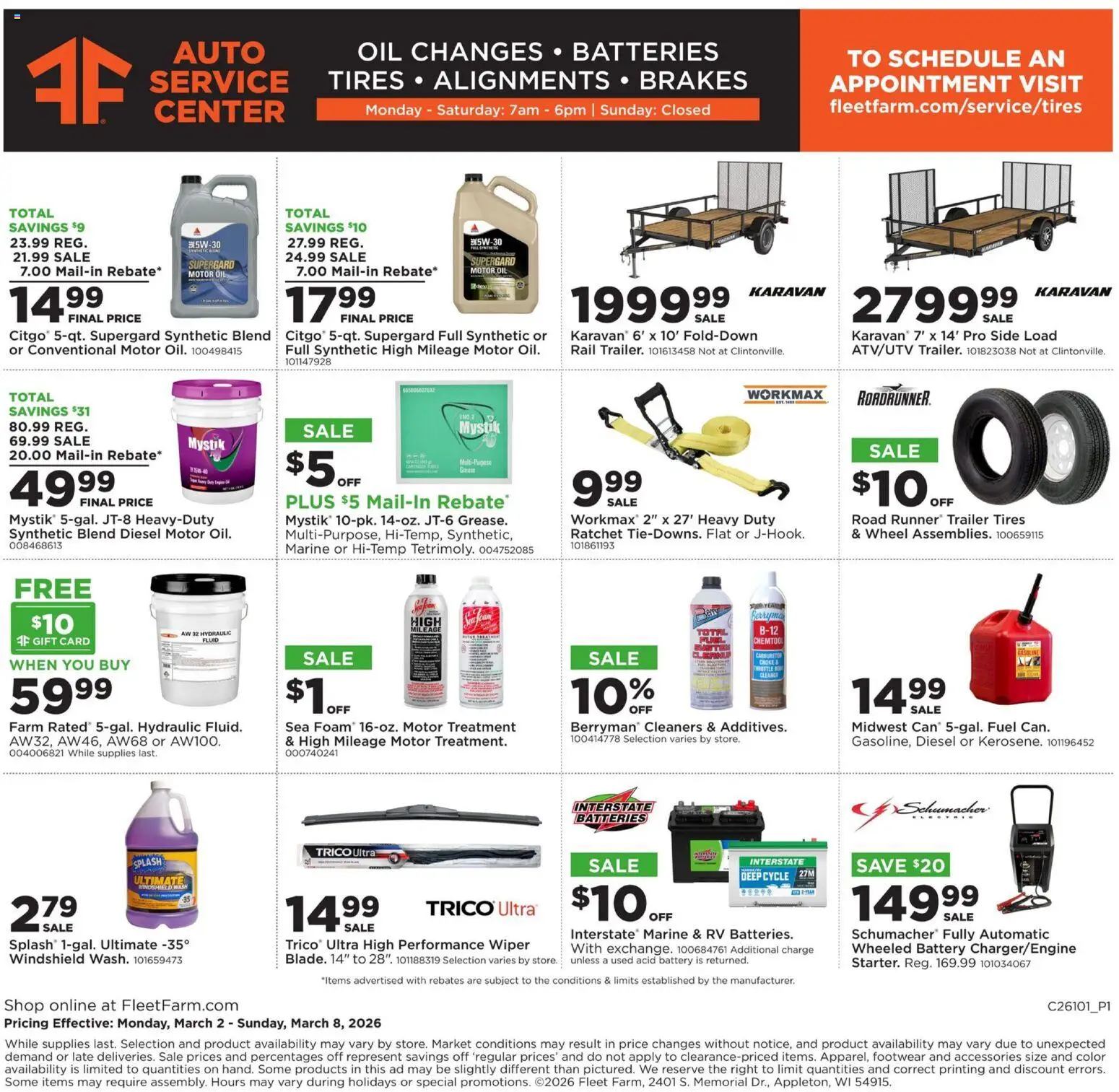 Mills Fleet Farm Weekly Ad - valid from 02.03.2026 | Page: 24 | Products: Battery, Ratchet, Oil, Windshield