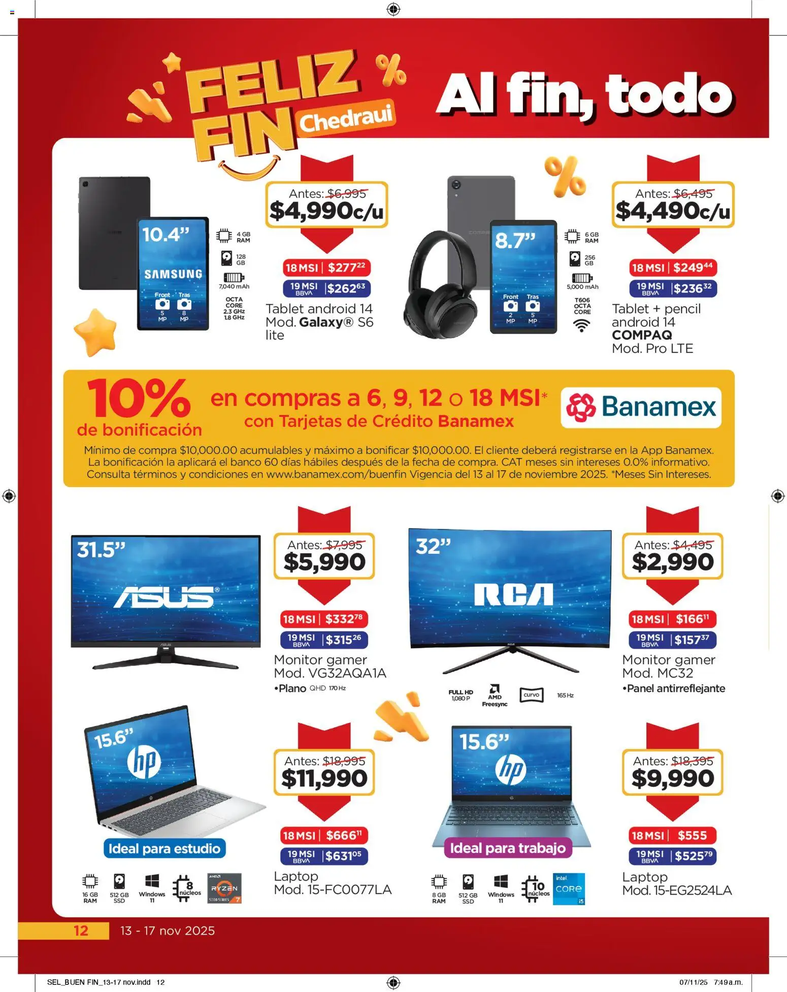 Nuevas ofertas de Chedraui válidas en toda la República Mexicana desde el 13.11.2025. ¡Encuentra las mejores ofertas en Chedraui Buen Fin! | Página: 12 | Productos: Tablet, Monitor, Banco