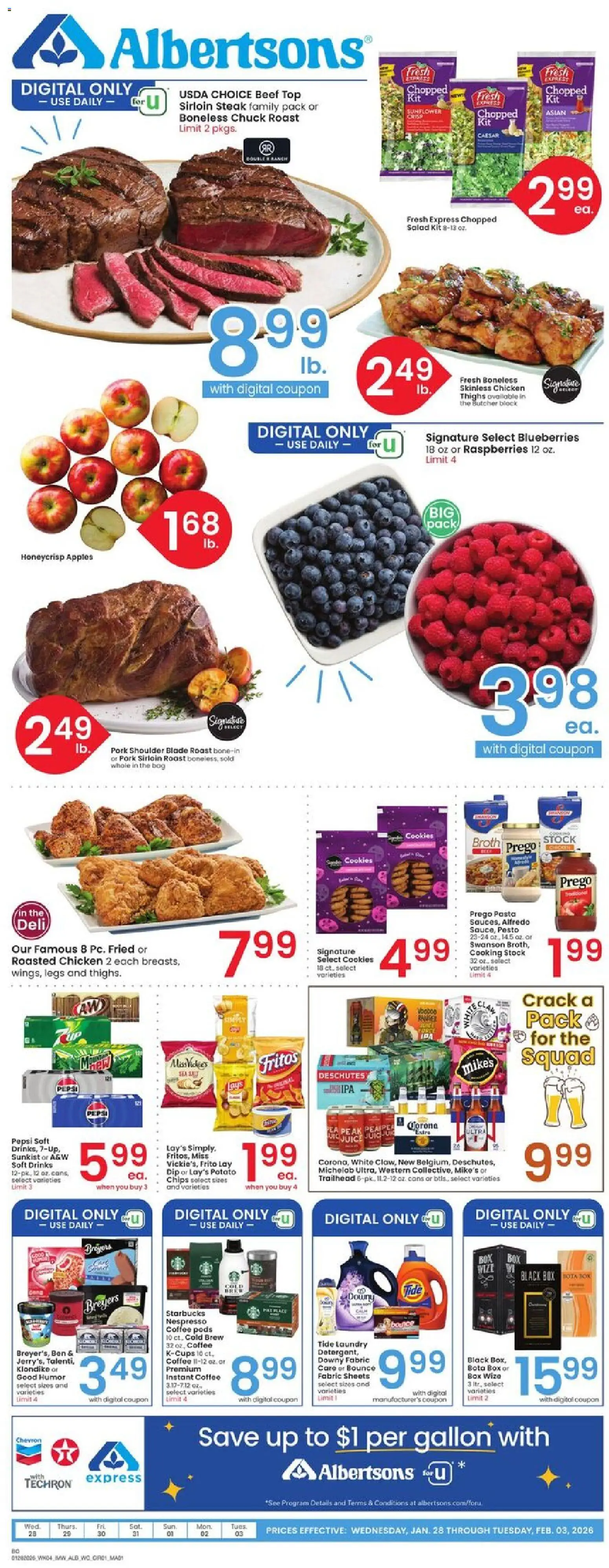 Albertsons Weekly Ad - valid from 28.01.2026 | Page: 1 | Products: Pork, Pasta, Chips, Cookies