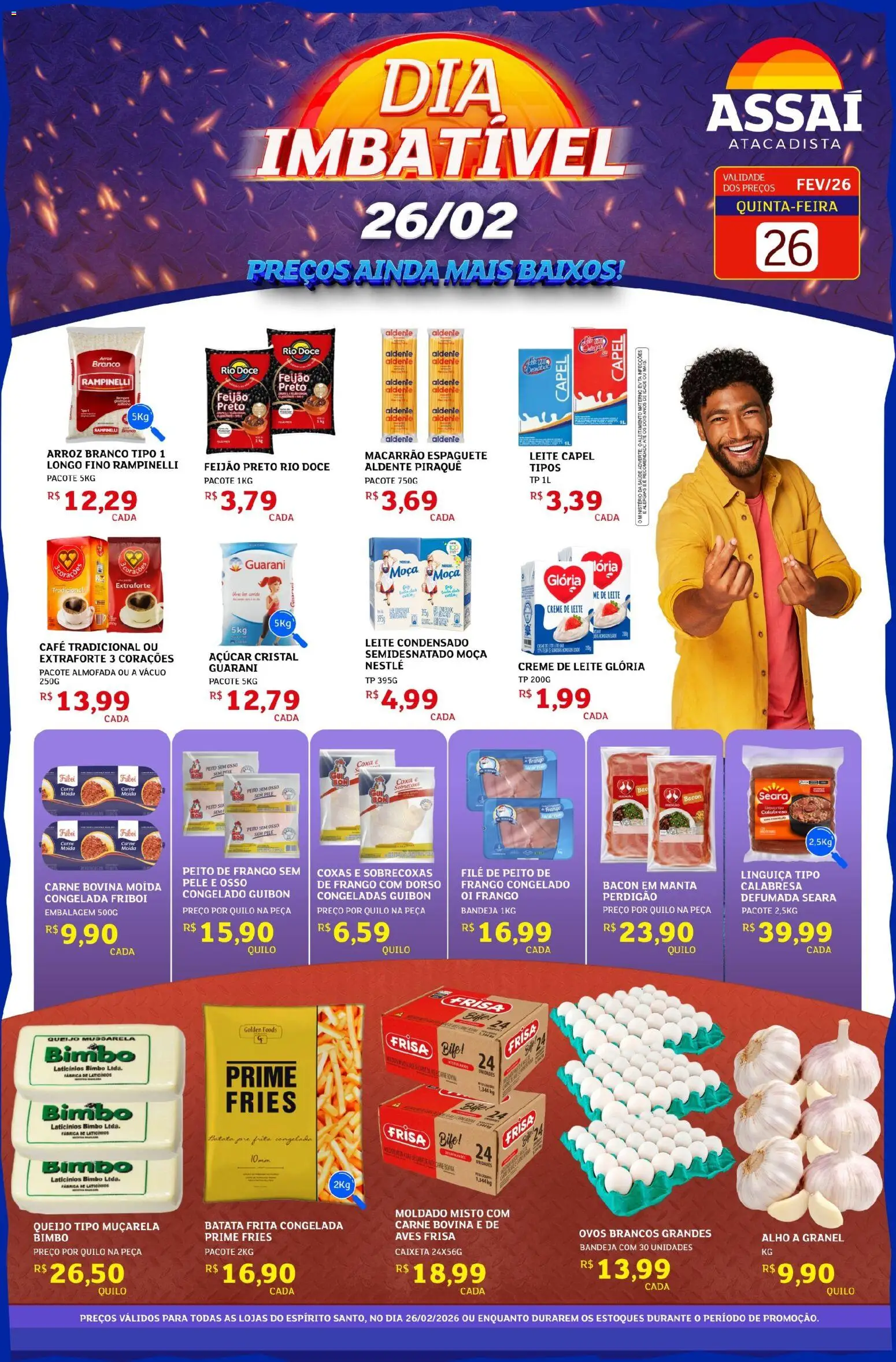 Assaí Atacadista Folheto - válido de 26.02.2026 | Página: 1 | Produtos: Leite, Ovos, Carne, Batata frita congelada