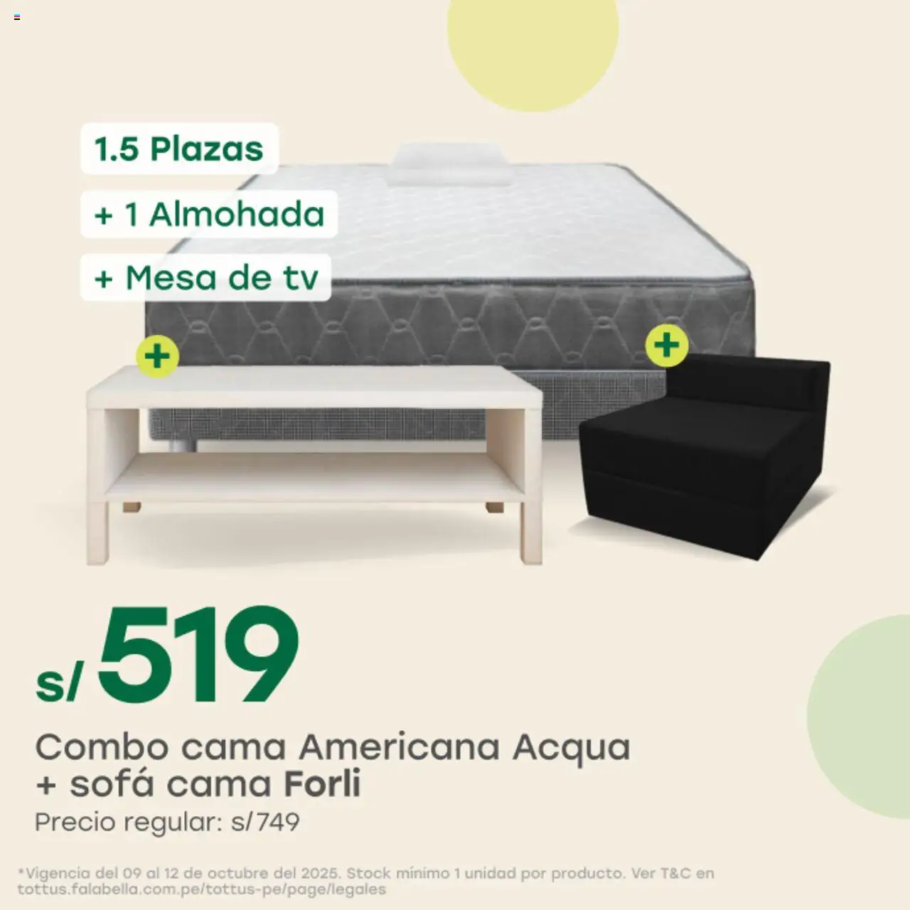 Catálogo Tottus válido desde 09.10.2025 | Página: 3 | Productos: Cama, Almohada, Sofá, Mesa