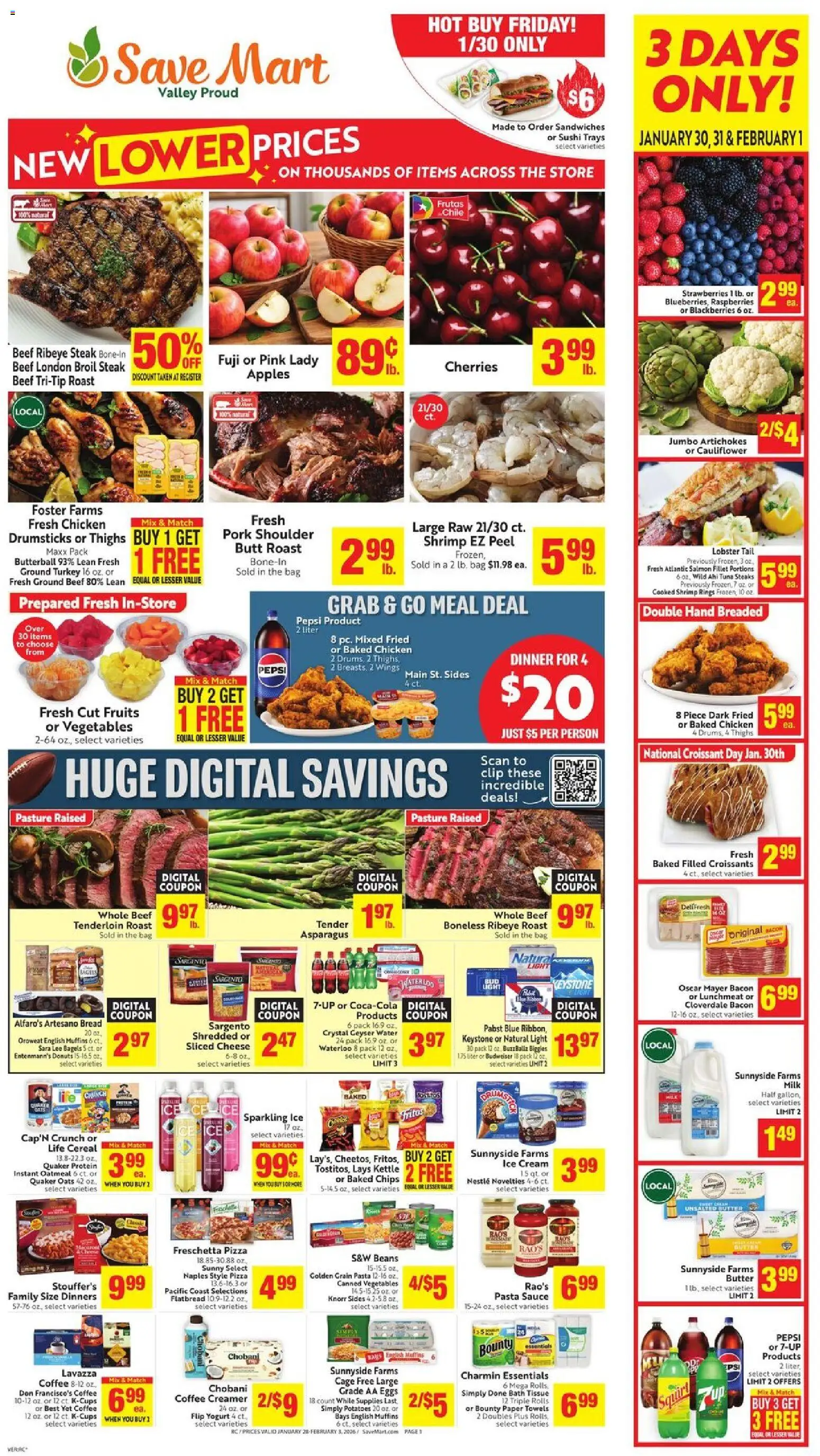 Save Mart Weekly - CA - valid from 28.01.2026 | Page: 1 | Products: Pasta, Potatoes, Vegetables, Croissants