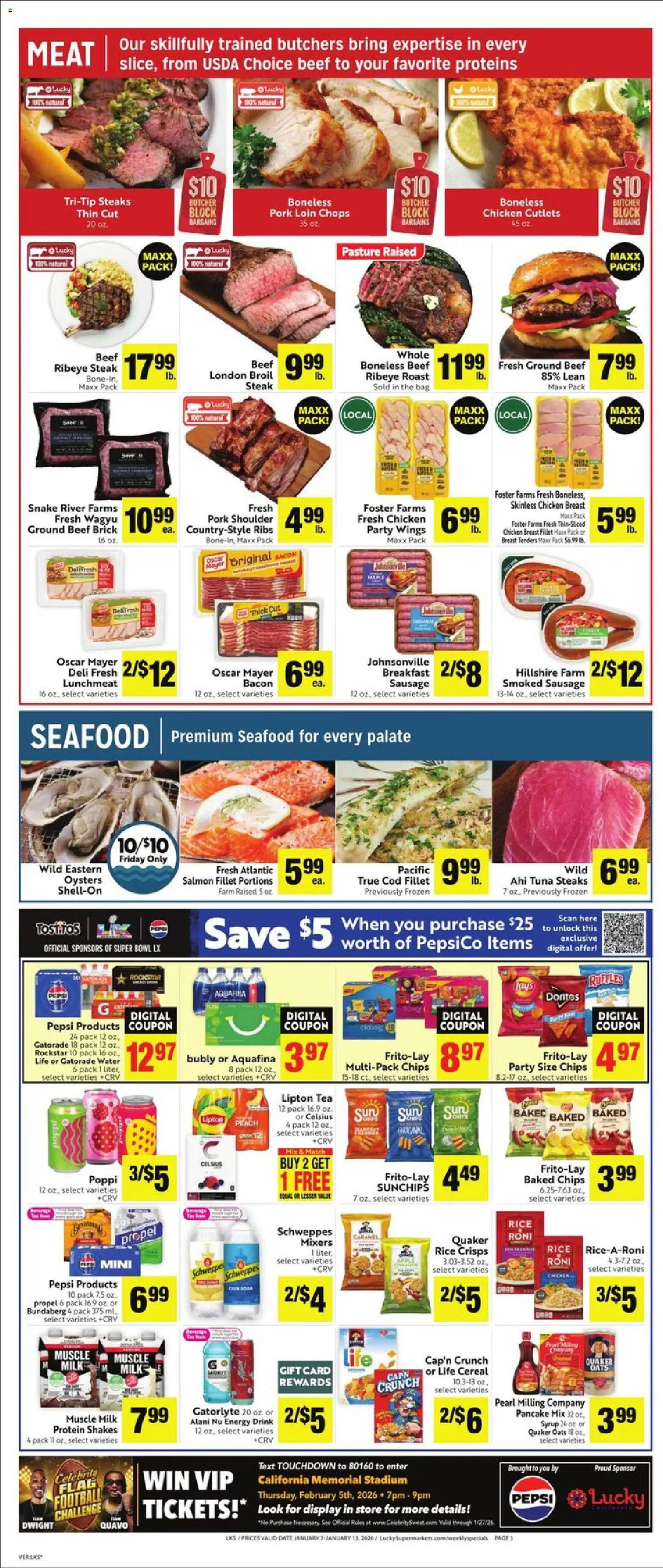 Lucky Supermarkets Weekly - CA - valid from 07.01.2026 | Page: 3 | Products: Pork, Chips, Seafood, Date