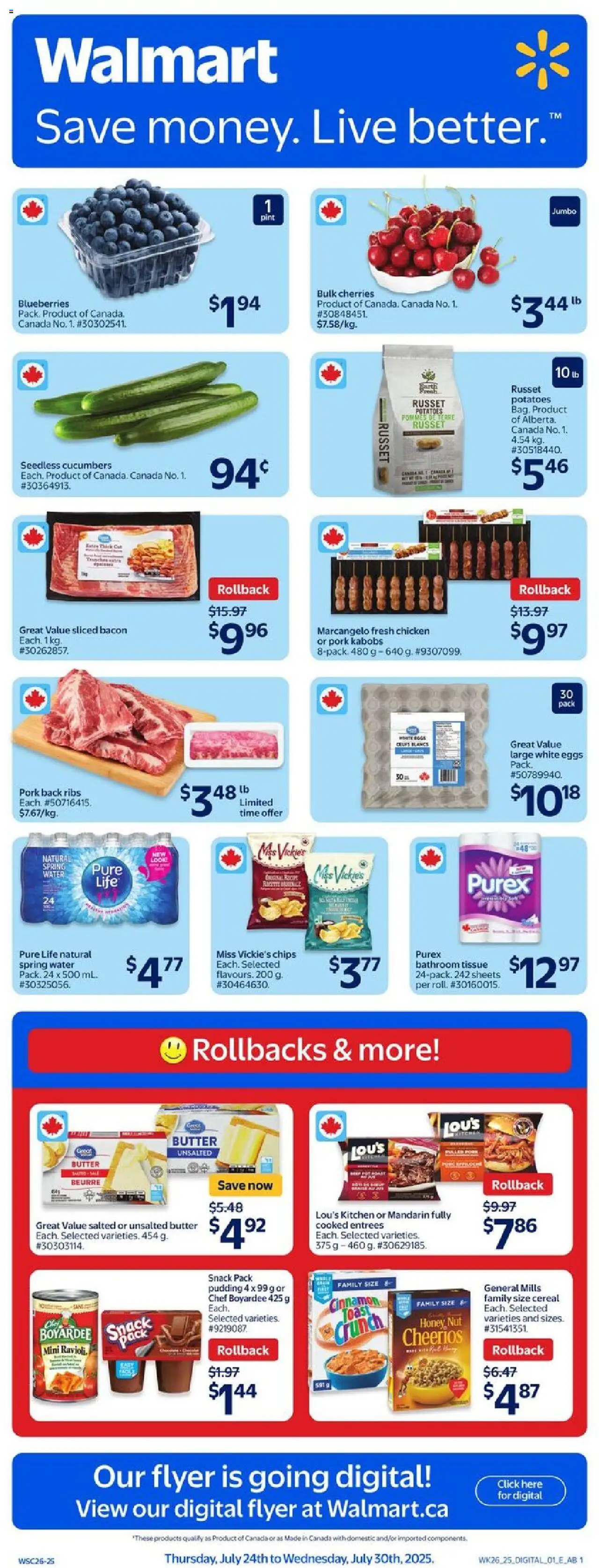 Walmart flyer valid from 24.07.2025 | Page: 1 | Products: Cucumbers, Potatoes, Butter, Eggs