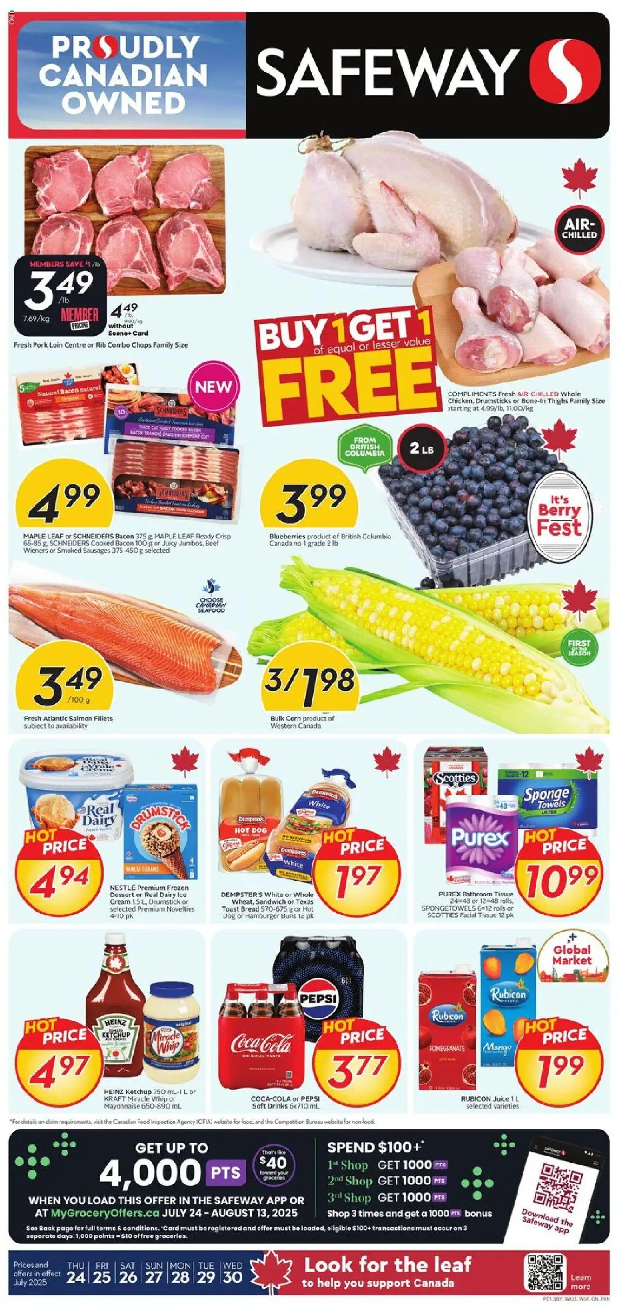 Safeway flyer valid from 24.07.2025 | Page: 1 | Products: Beef, Cream, Bread, Juice