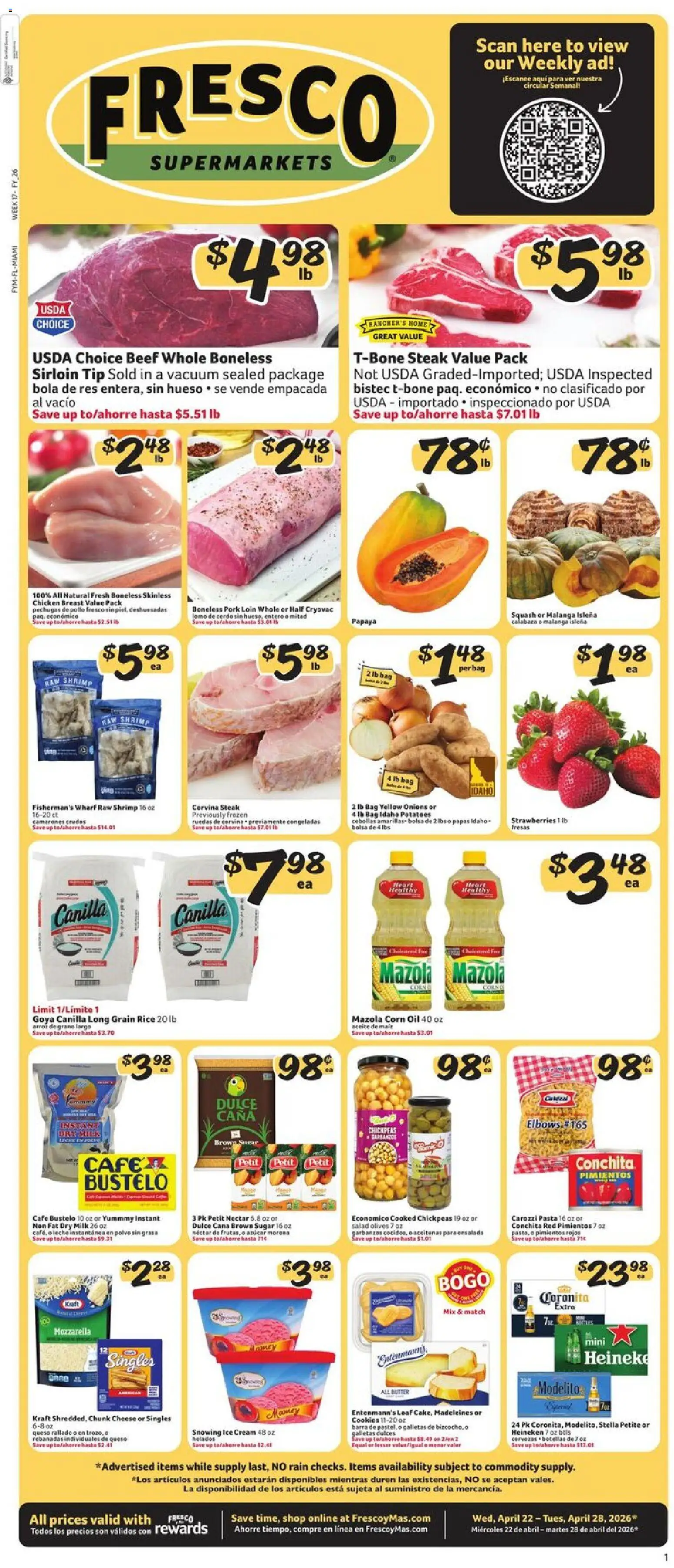 Fresco y Más Weekly Ad - valid from 22.04.2026 | Page: 1 | Products: Chickpeas, Corn, Pork, Ice cream