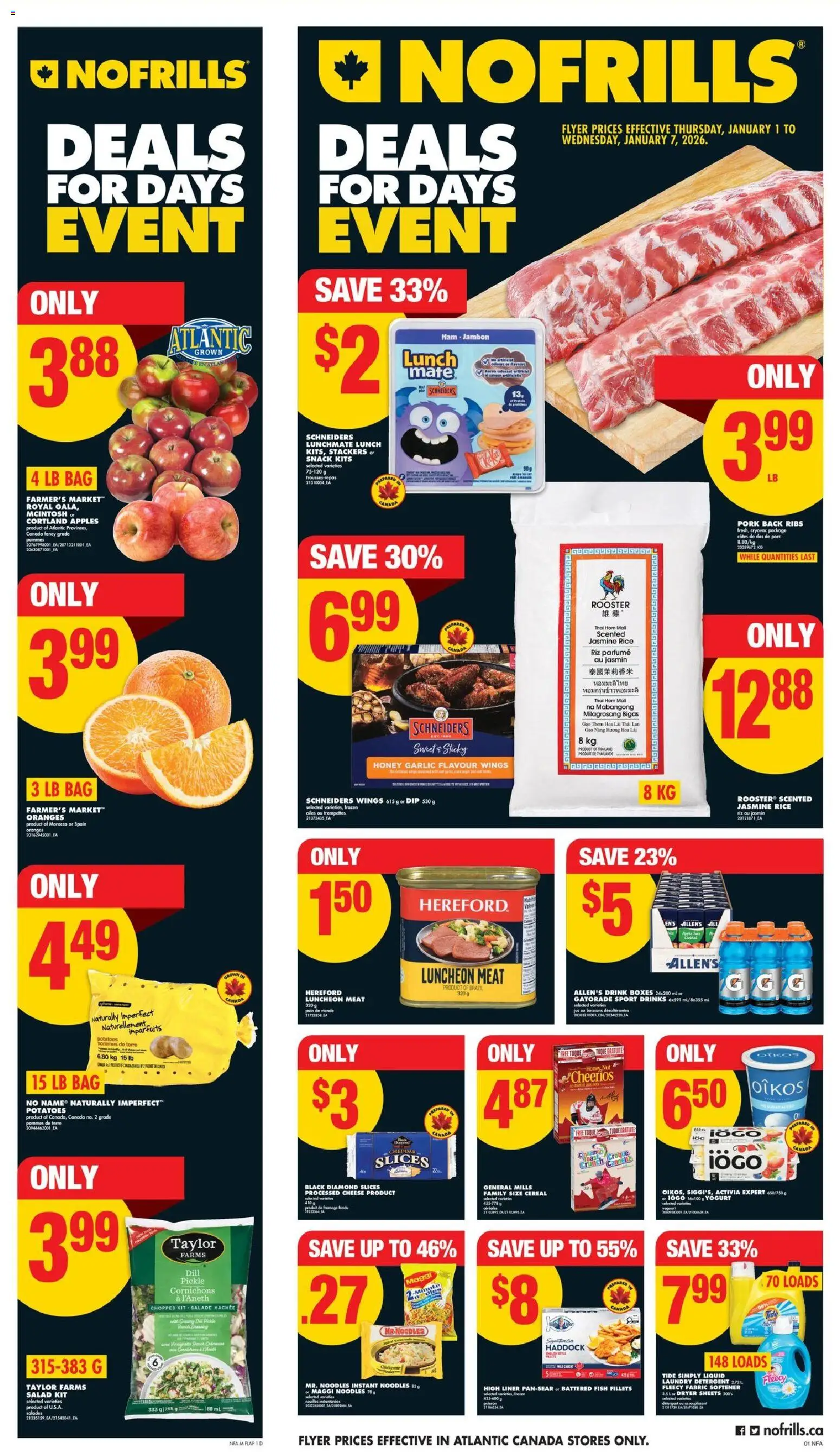 No Frills flyer valid from 01.01.2026 | Page: 1 | Products: Potatoes, Chicken, Apples, Oranges