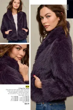 Preview of Faux-Fur Jacket, Grey faux-fur short jacket. Open front with collar and side seam pockets. Body and lining: polyester. Centre back length: 55 cm on M; 61 cm on 1X. Dry clean or hand wash, dry flat. from shop Avon valid from 06.11.2025 | Page: 163 | Products: Jacket