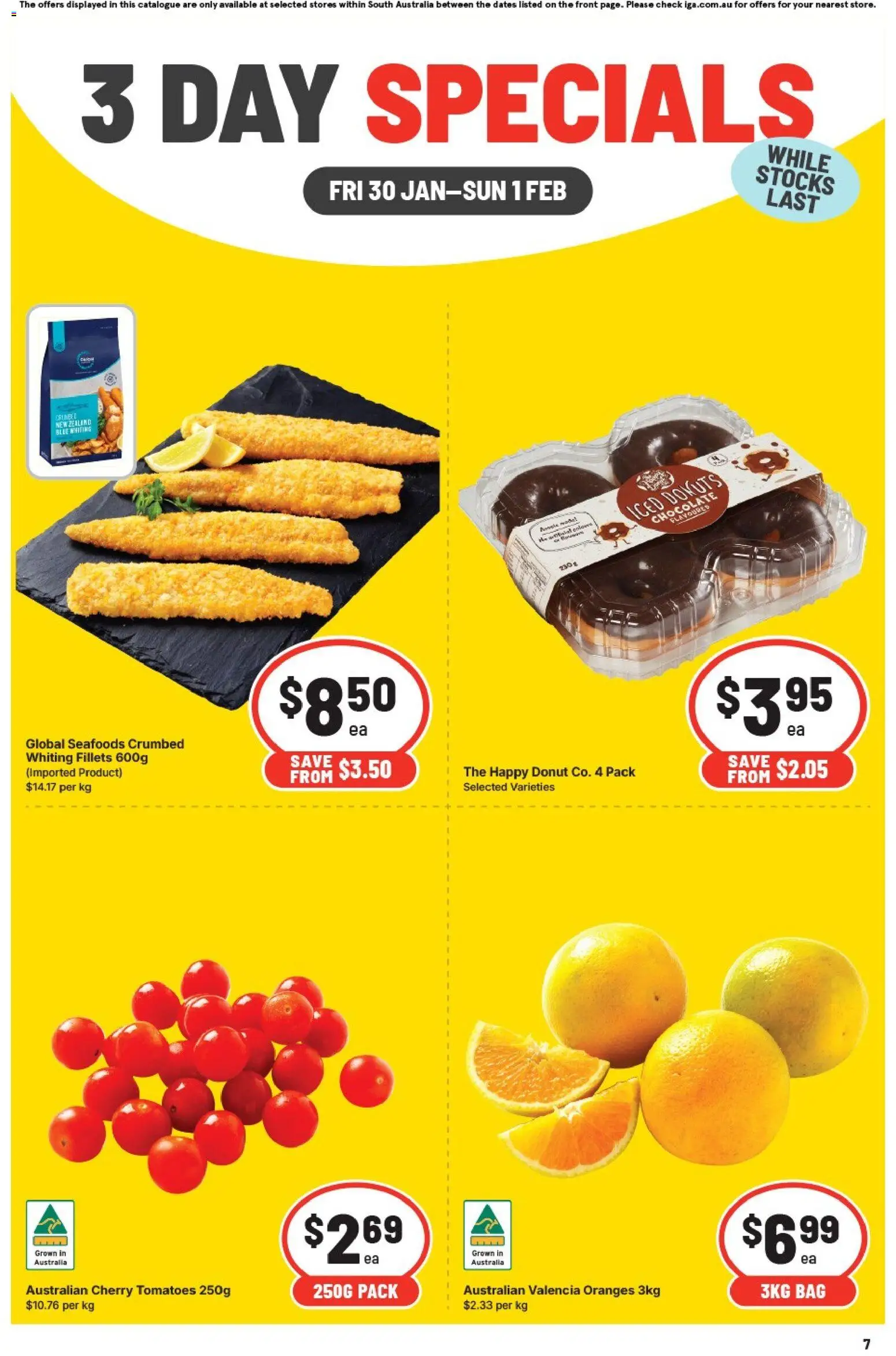 IGA catalogue - valid from 30.01.2026 | Page: 1 | Products: Donuts, Chocolate, Tomatoes, Bag