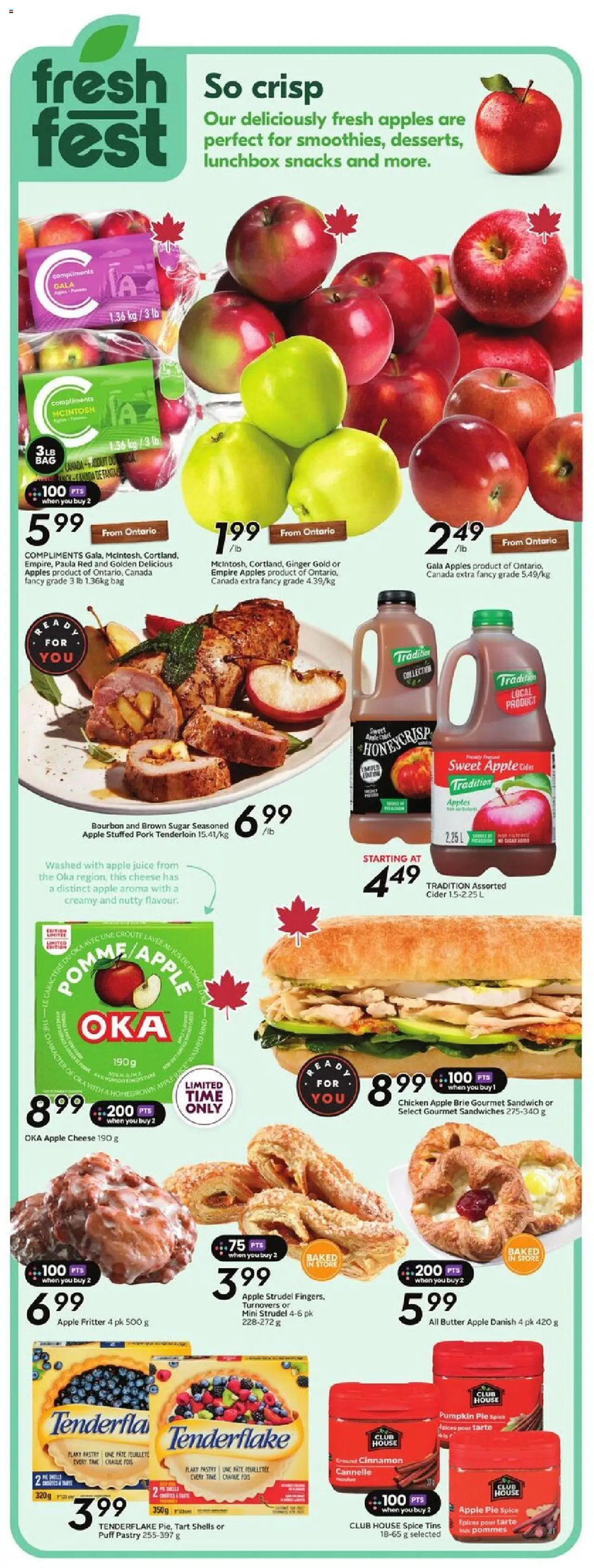 Sobeys flyer valid from 02.10.2025 | Page: 8 | Products: Bag, Juice, Chicken, Apples