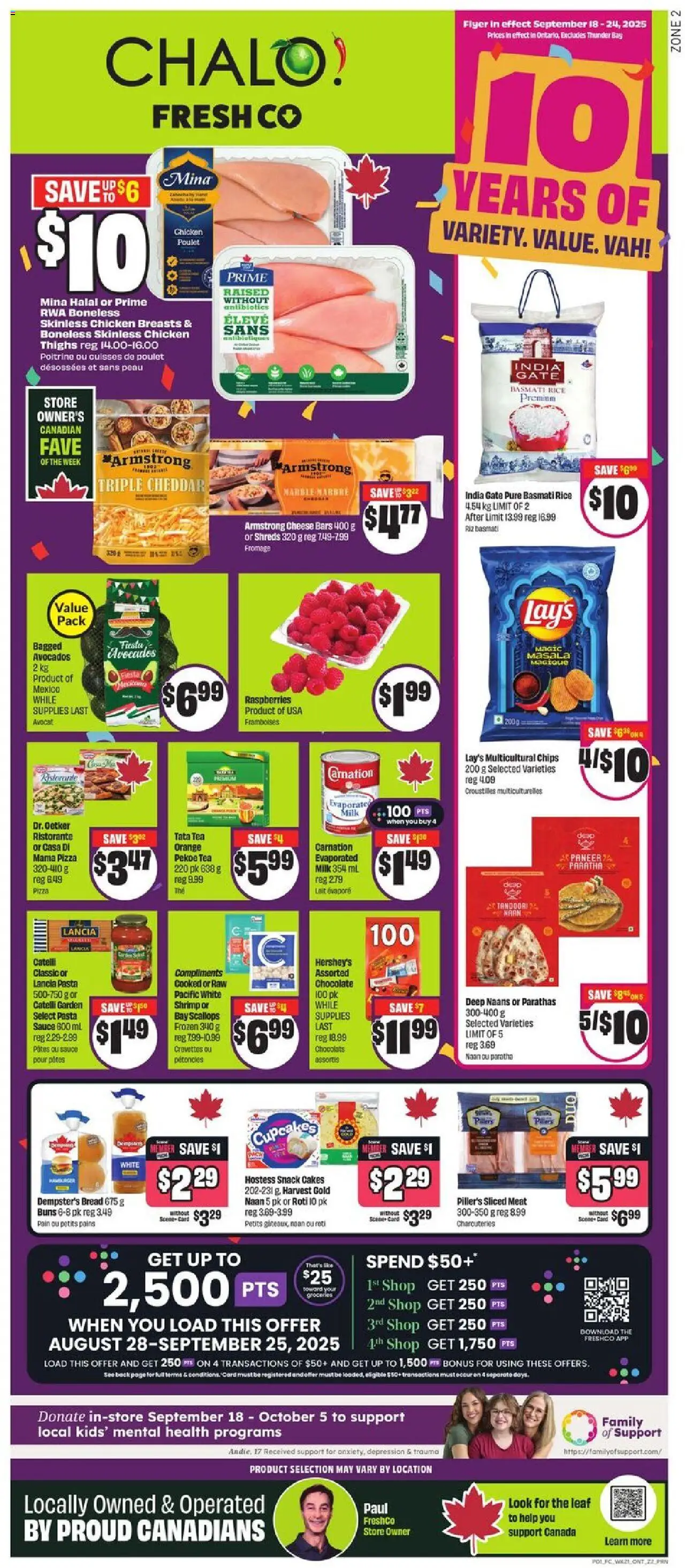 FreshCo flyer valid from 18.09.2025 | Page: 1 | Products: Pasta, Chips, Chicken breasts, Milk