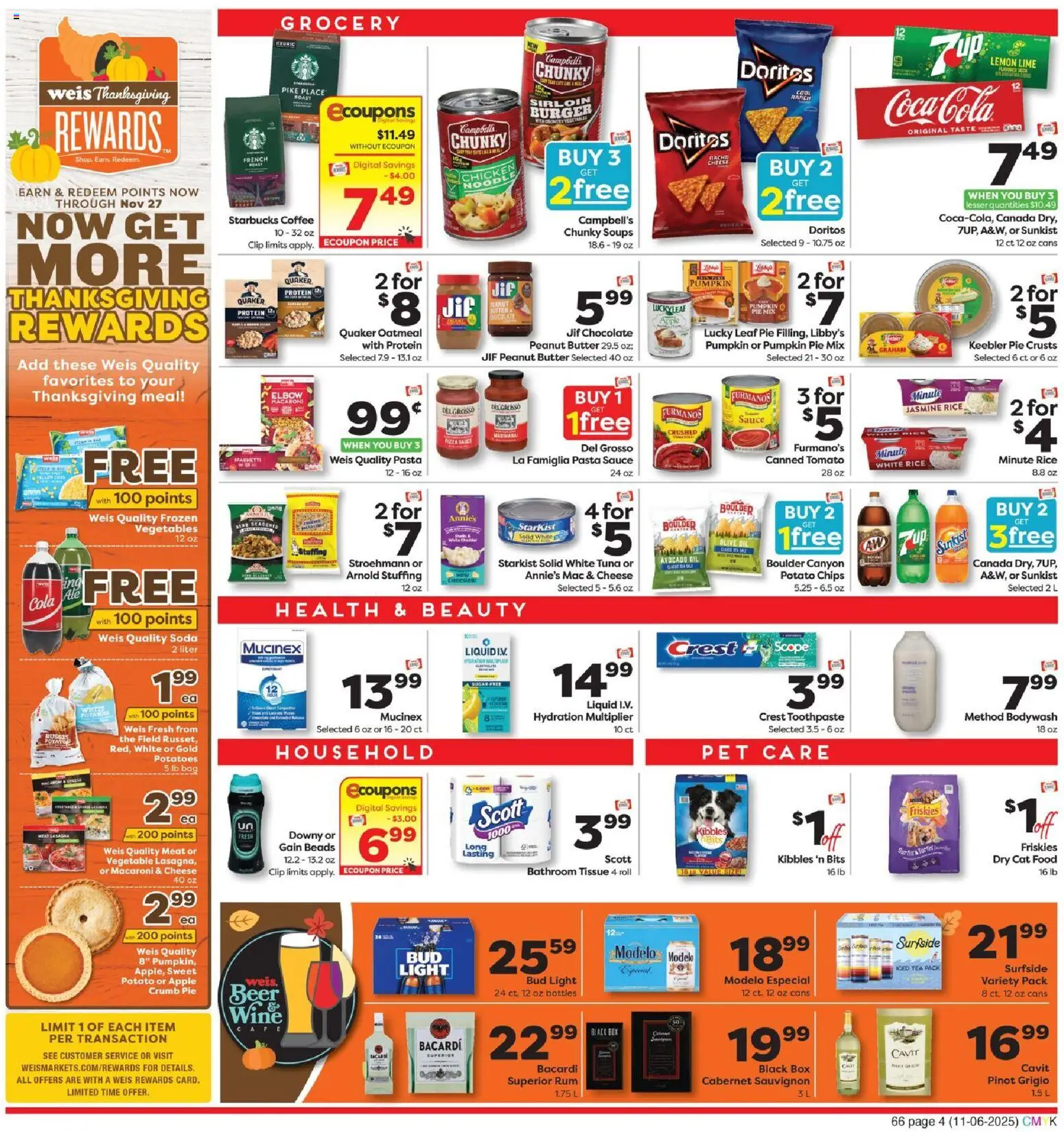 Weis Weekly Ad - valid from 06.11.2025 | Page: 4 | Products: Coffee, Pasta, Vegetables, Lemon