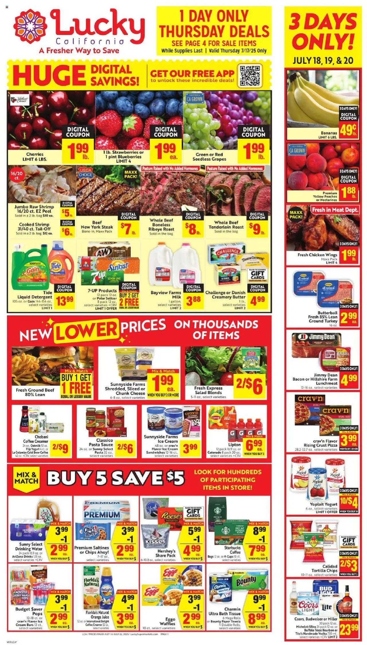 Lucky Supermarkets Weekly Ad - valid from 16.07.2025 | Page: 1 | Products: Cherries, Bath, Bourbon, Strawberries
