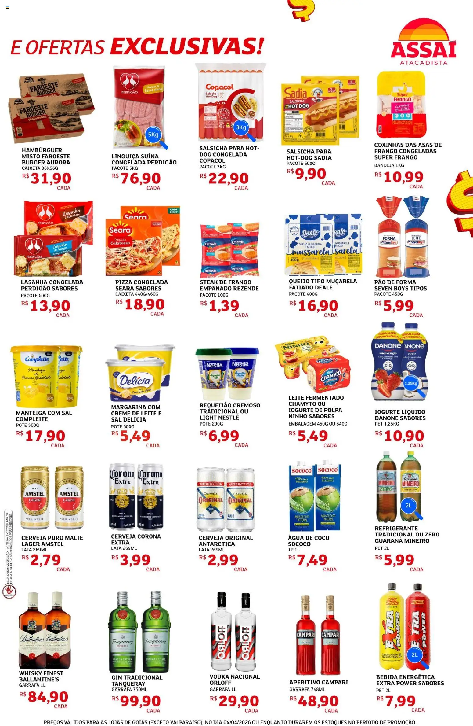 Assaí Atacadista Folheto - válido de 04.04.2026 | Página: 3 | Produtos: Salsicha, Cerveja, Creme de leite, Mussarela