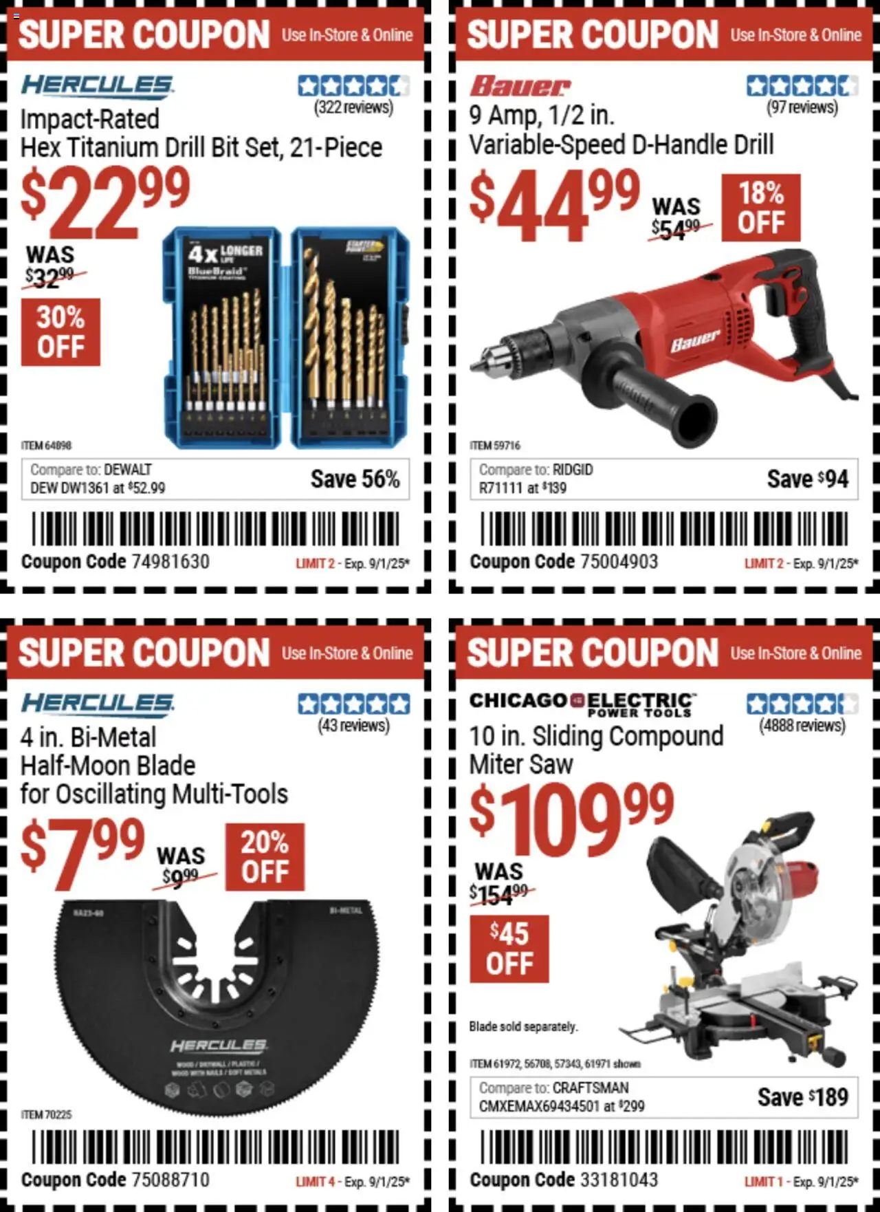 Harbor Freight Summer Coupons - valid from 18.08.2025 | Page: 12 | Products: Saw, Miter Saw, Drill Bit