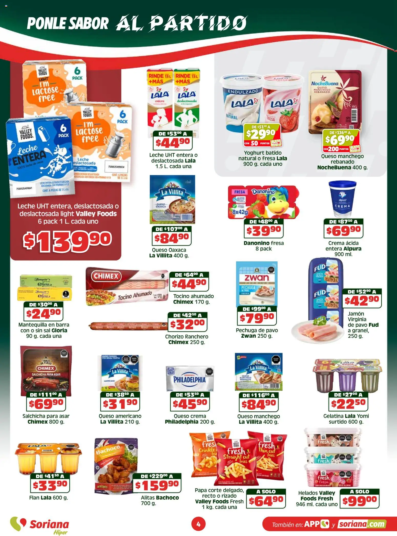 Nuevas ofertas de Soriana válidas en toda la República Mexicana desde el 23.04.2026. ¡Encuentra las mejores ofertas en Soriana En México apoyamos con todo - Híper Nacional! | Página: 4 | Productos: Gelatina, Tocino, Sal, Leche