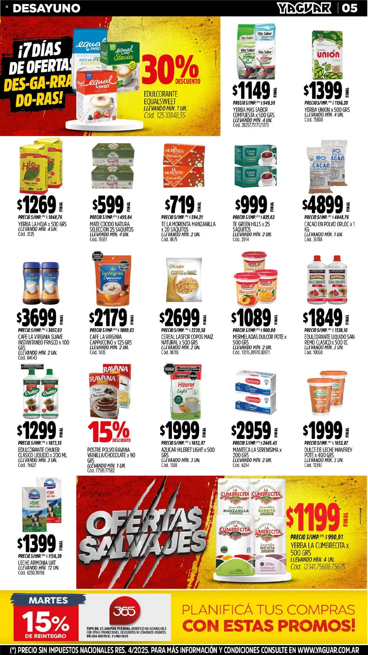 Yaguar - Córdoba │ válido desde el 04.08.2025 | Página: 5 | Productos: Copos, Durazno, Dulce de leche, Té