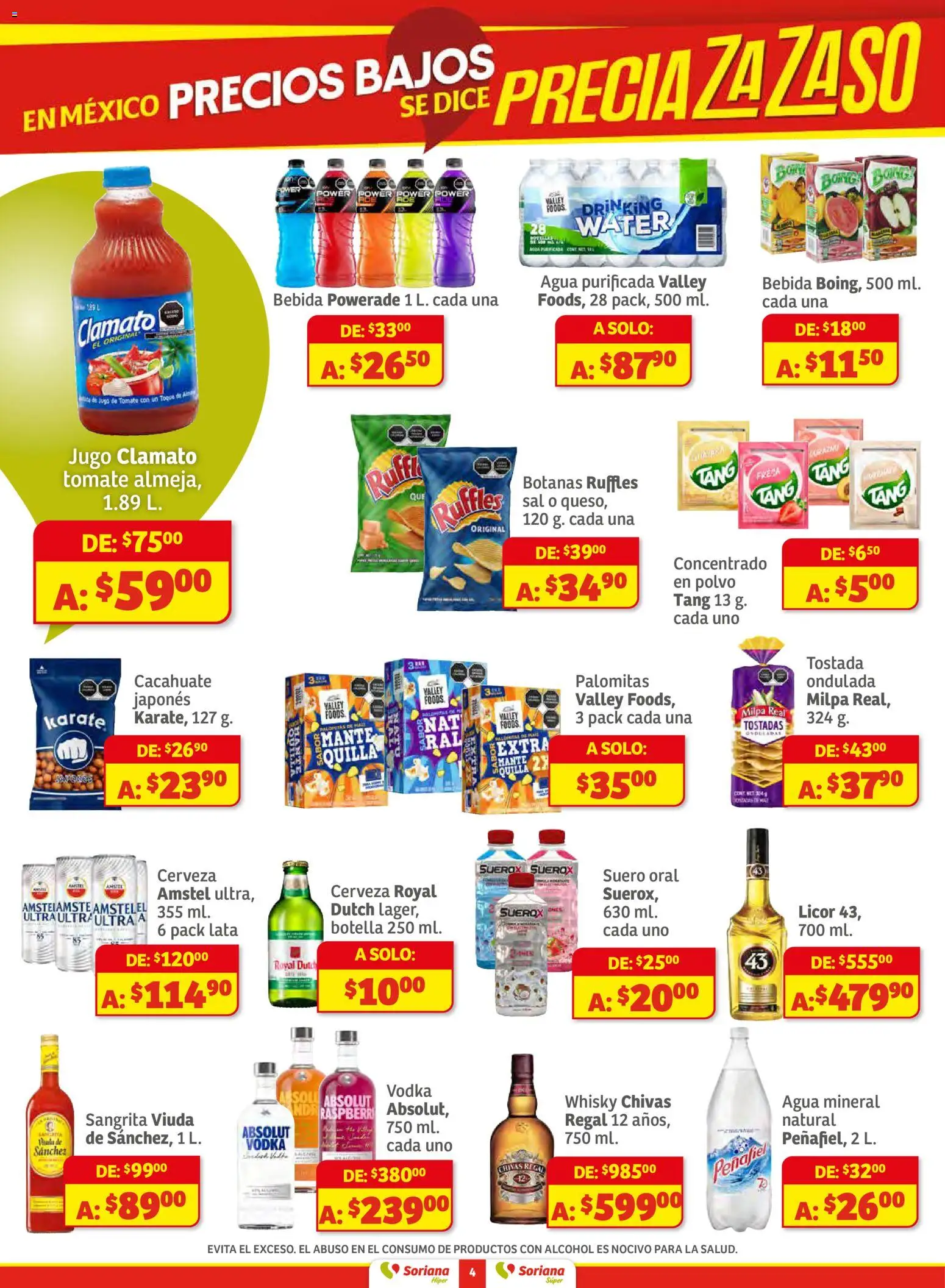 Nuevas ofertas de Soriana válidas en toda la República Mexicana desde el 11.12.2025. ¡Encuentra las mejores ofertas en Soriana - Preciazazaso Híper: Edo Mex, Gro, Hgo, Mor, Pue, Qto, Tlax, Ver! | Página: 4 | Productos: Cerveza, Botella, Whisky, Polvo