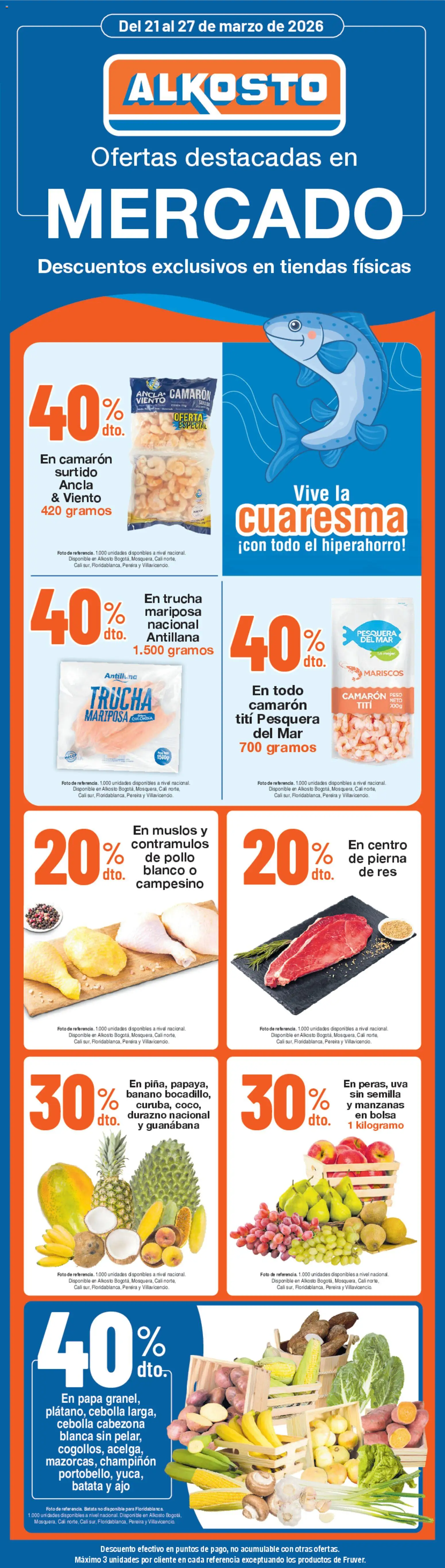 Alkosto revista - valida desde el 21.03.2026 | Página: 1 | Productos: Batata, Mariscos, Uva, Durazno