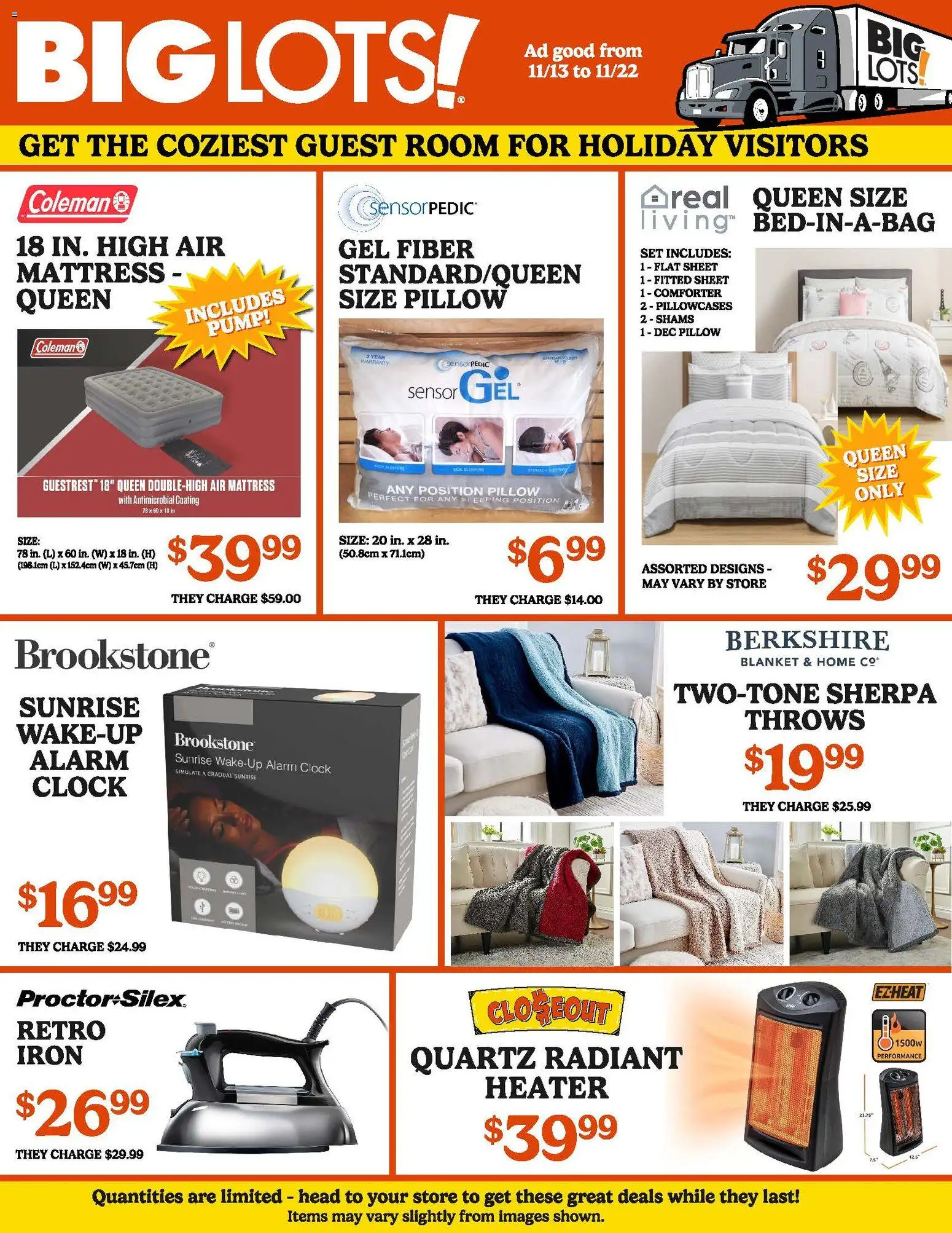 Big Lots Weekly Ad - valid from 13.11.2025 | Page: 1 | Products: Mattress, Blanket, Comforter, Iron